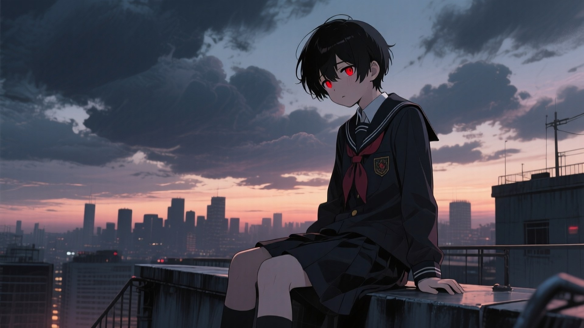 動漫女孩穿著校服，紅色眼睛，坐在屋頂上俯瞰黃昏時的城市