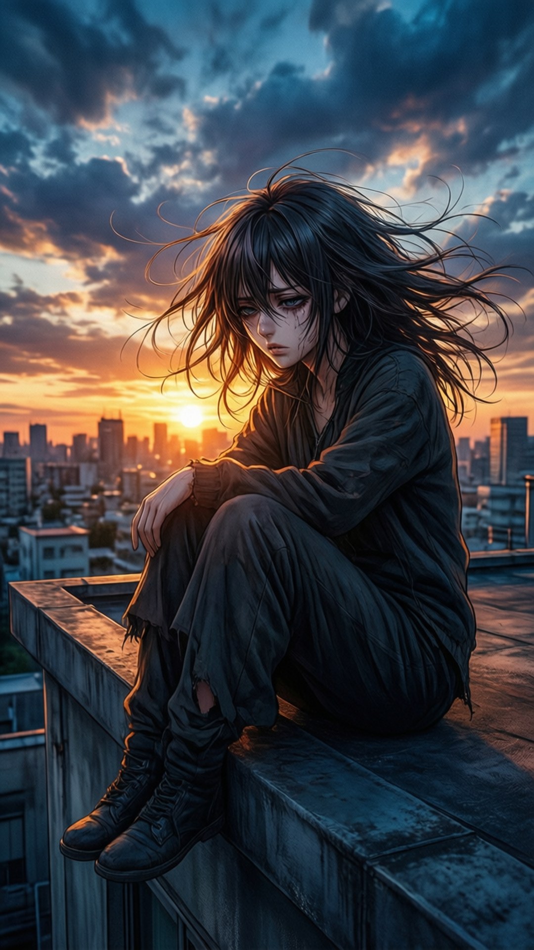 動漫女孩坐在日落時分的屋頂邊緣，風吹動她的頭髮掠過城市天際線
