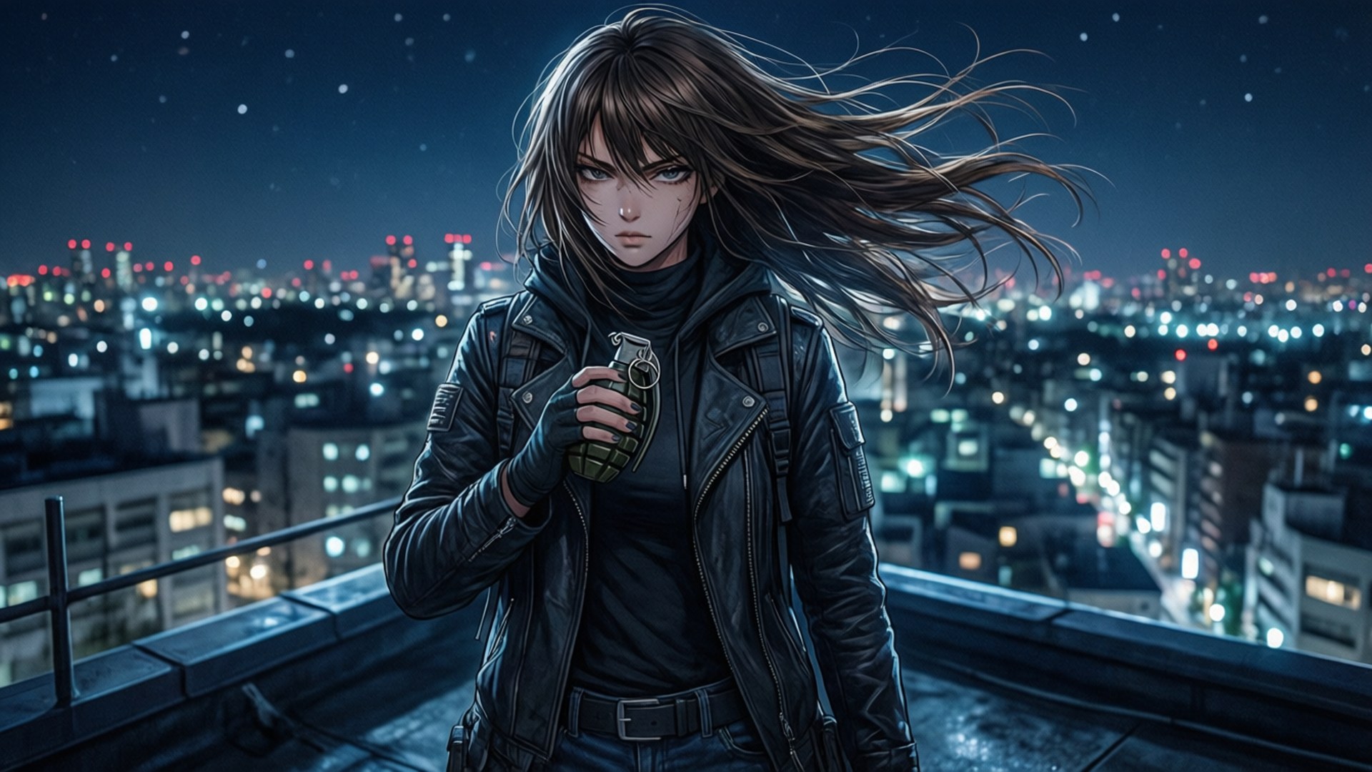 動漫女人穿黑色皮夾克在夜晚城市屋頂上手握手榴彈