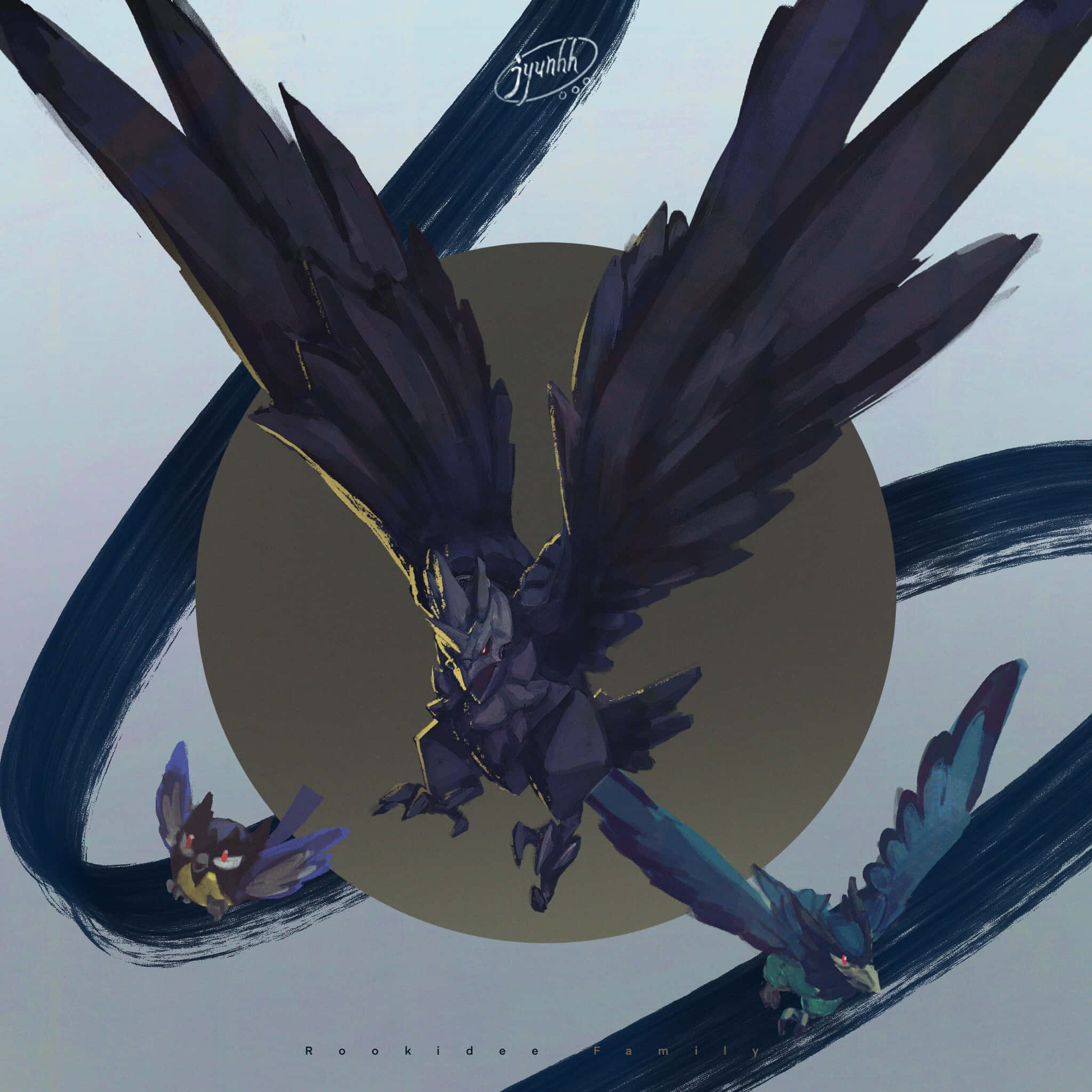 Rookidee、Corviknight 與 Corvisquire 飛行 壁紙 — 三隻風格化的烏鴉般生物，眼睛發出紅光，在帶有粗獷筆觸漩渦的極簡背景上動態飛翔。