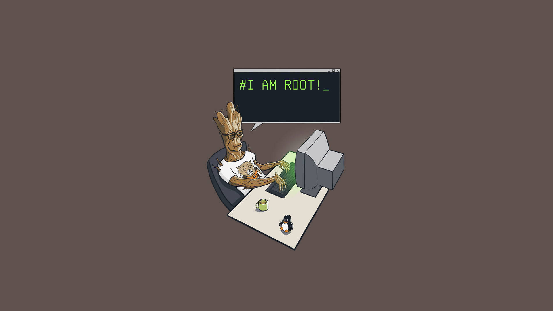 Groot 坐在電腦前，終端機顯示「# I AM ROOT!」，書桌上有一隻企鵝吉祥物。