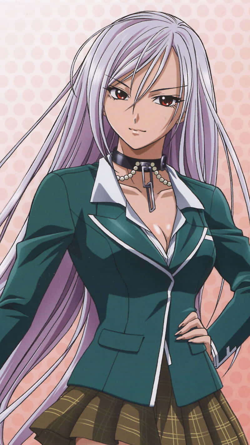 銀髮紅眼動漫女孩，穿著綠色校服配格子裙和頸鏈。