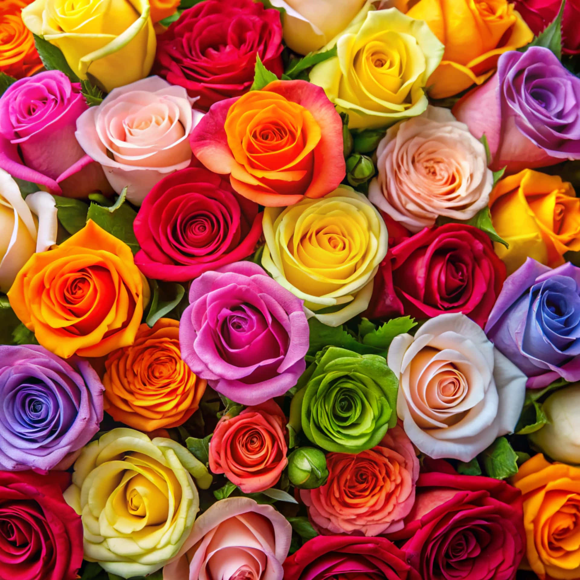 Rose flowers 壁紙 — 色彩繽紛嘅玫瑰近距離特寫，有粉紅、黃、橙、紫同綠色，密集排列，配上綠葉。