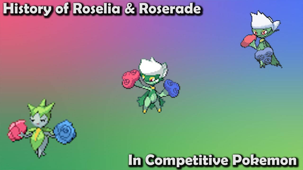 Roselia 與 Roserade 競技歷史 壁紙 — 三個像素藝術 Roselia 和 Roserade 寶可夢漂浮在帶有文字疊加的彩虹漸變背景上。