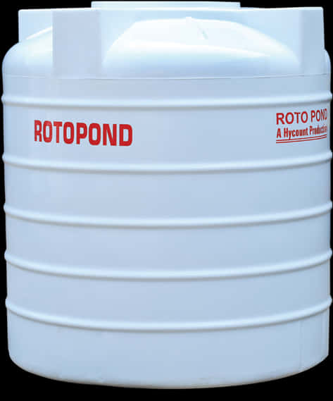 Rotopond 塑膠水桶 壁紙 — 一個大型白色塑膠水缸，帶有紅色「ROTO POND」標誌，矗立在黑色背景前。
