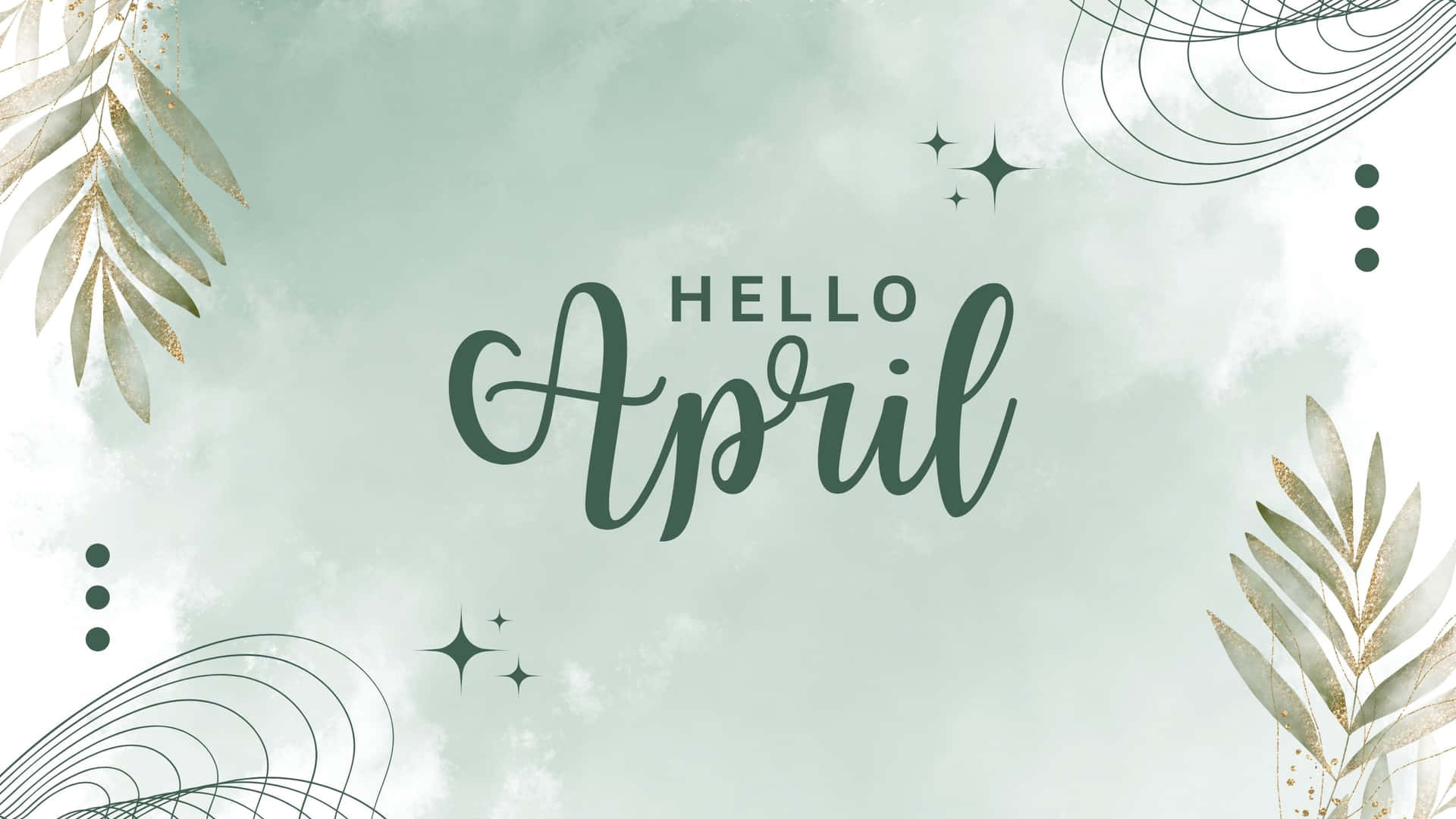  壁紙 — 柔和薄荷色背景上，優雅手寫字體「Hello April」被金葉和漩渦環繞。