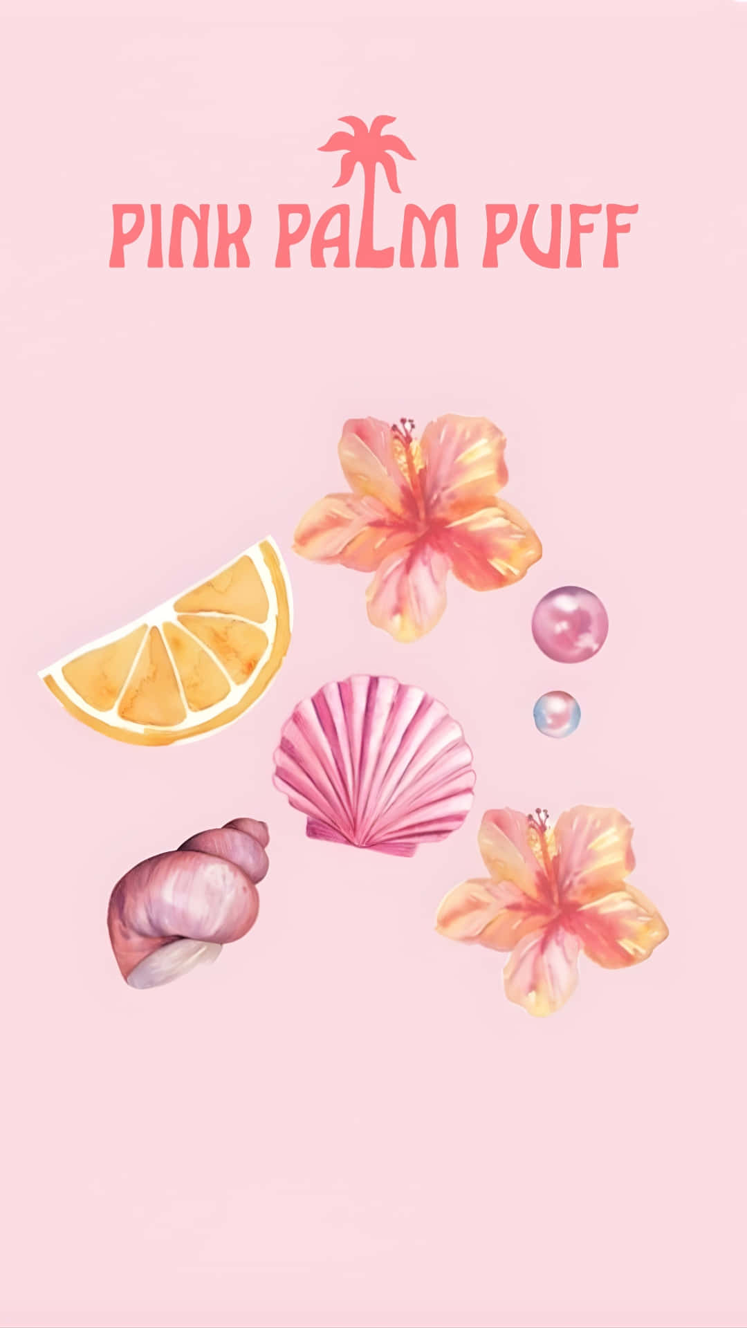  壁紙 — 柔和的粉紅色背景上，以水彩風格繪製的熱帶元素，包括芙蓉花、貝殼和柑橘切片，排列成一個奇特的構圖。
