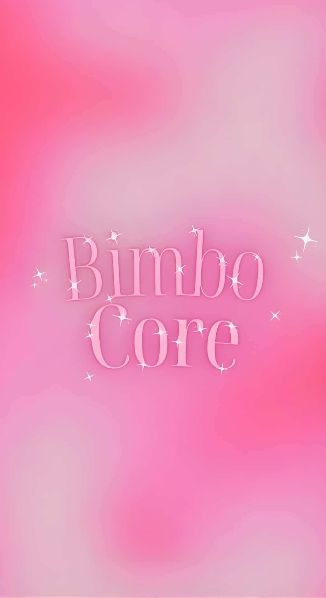  壁紙 — 柔和的粉紅色漸變背景，帶有閃爍的文字「Bimbo Core」，周圍環繞著閃閃發光的星星。