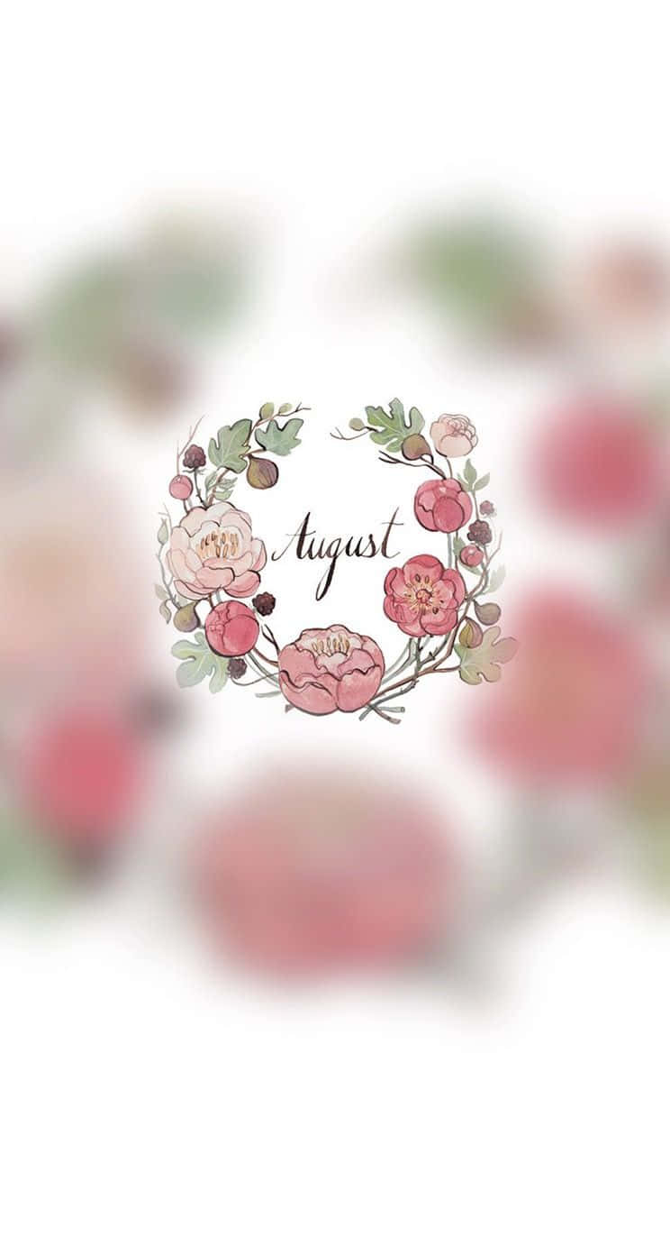 帶有粉紅色花朵和綠色葉子的花卉花環，以斜體拼寫August。