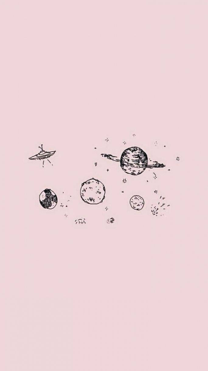 粉紅色背景上的行星和UFO素描