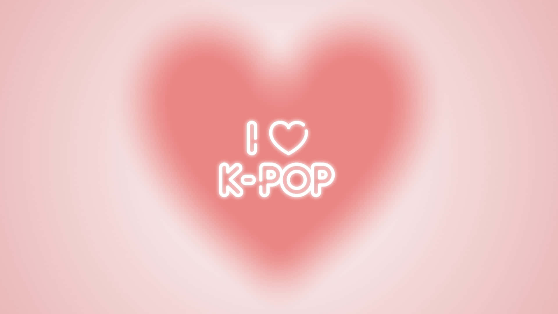  壁紙 — 柔和粉紅色心形漸變背景，帶有發光白色文字 'I ❤️ K-POP'，採用簡潔現代字體。