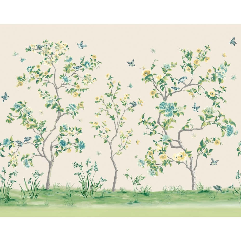 寧靜花園場景中，開花樹木與鳥兒和蝴蝶的水彩插圖。 — 唯美蝴蝶動圖 壁紙