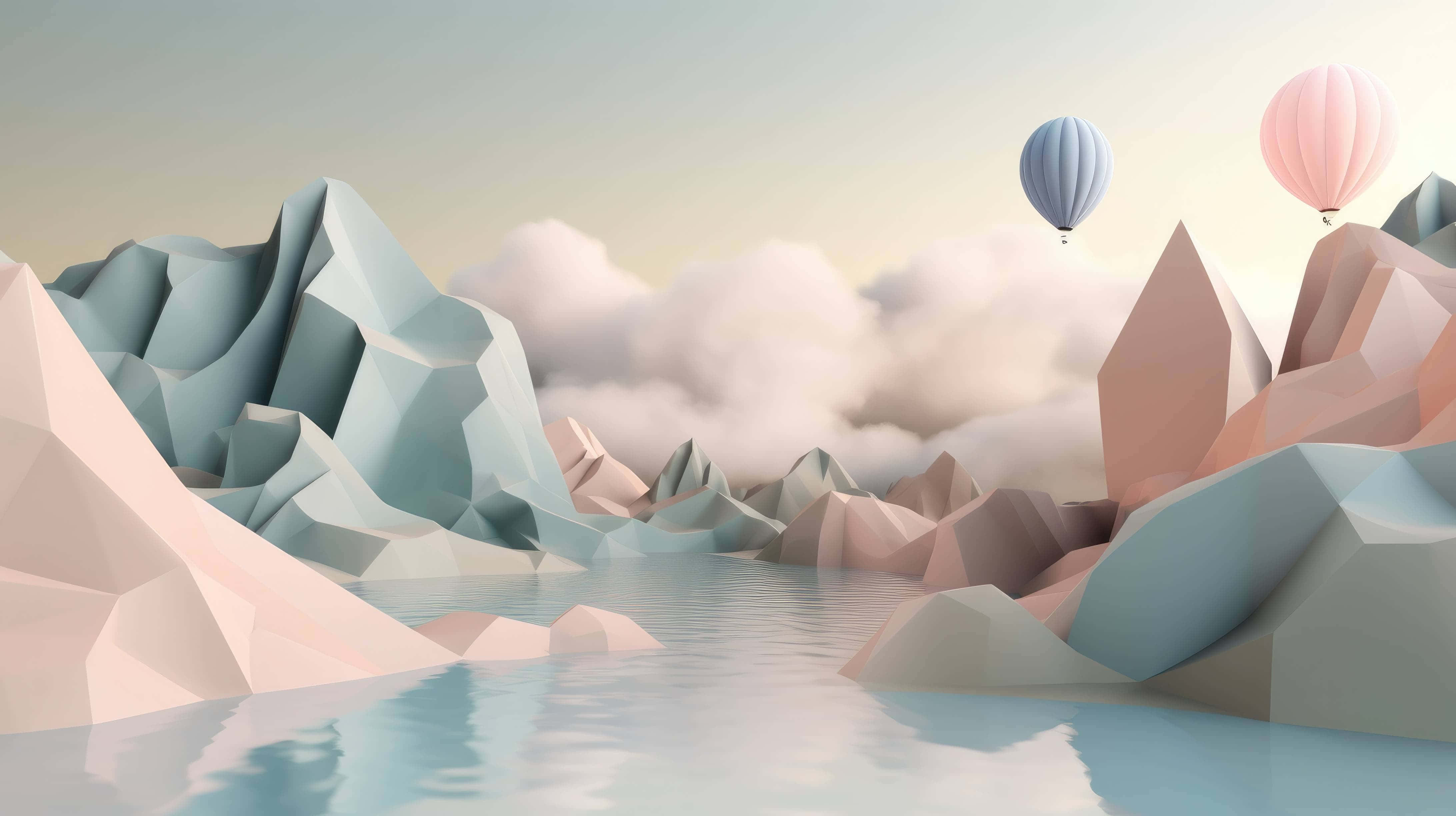 Abstract Landscape 桌布 壁紙 — 柔和色調的低多邊形山脈倒映在平靜的水面上，兩個熱氣球在柔軟的雲層上方飄浮。