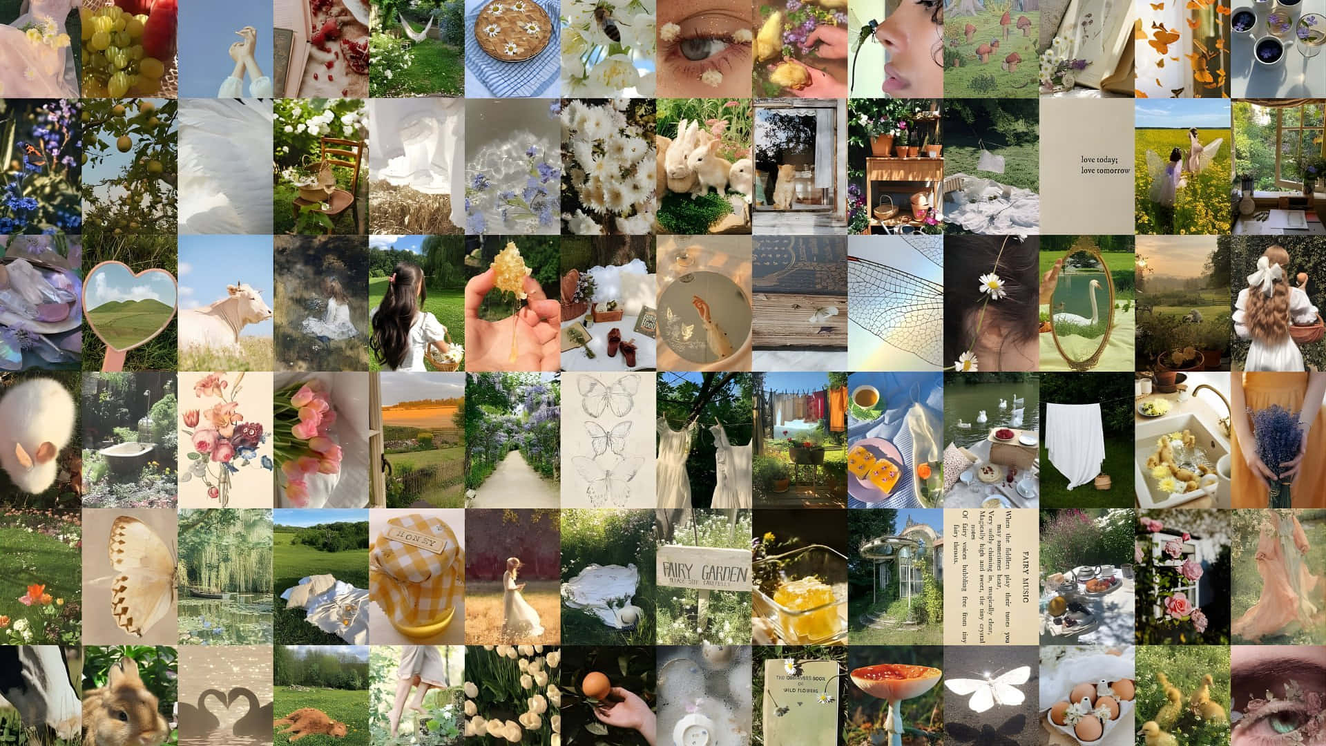  壁紙 — 柔和自然光下，以牛、羊、花卉及鄉村花園元素組成的寧靜田園拼貼畫。