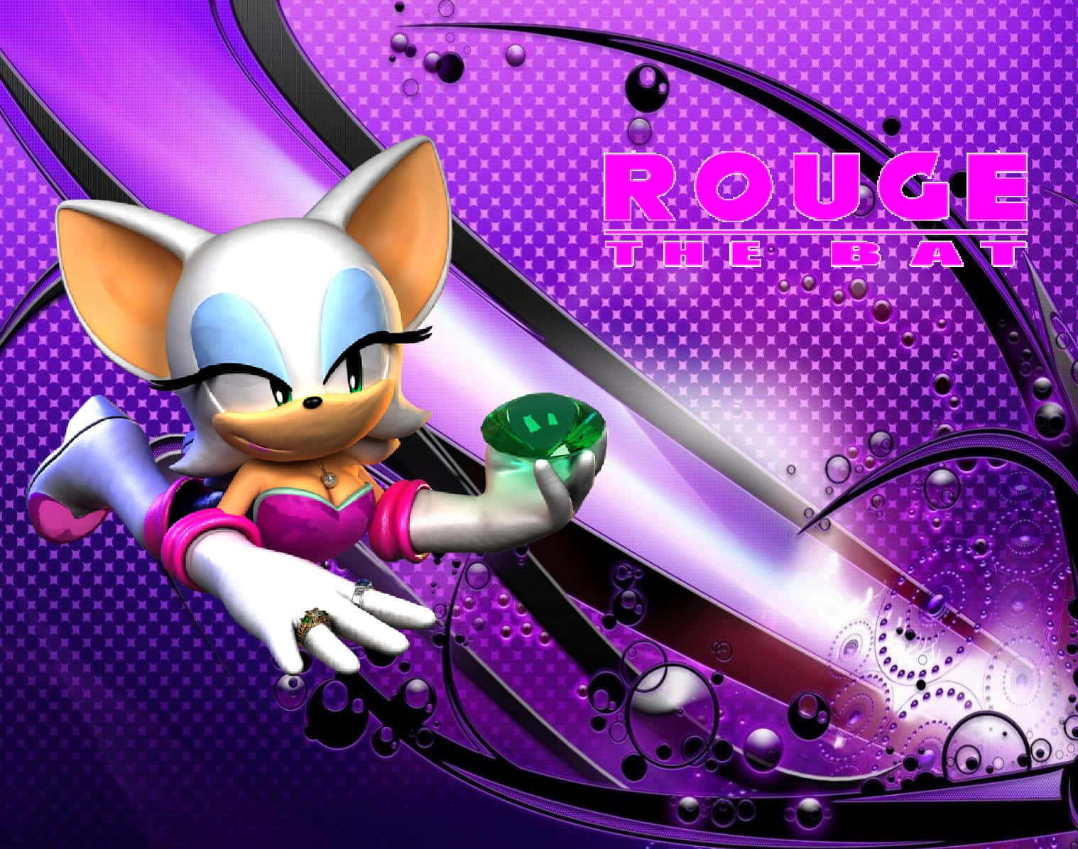 Rouge The Bat 桌布 壁紙 — Rouge the Bat 喺充滿旋轉氣泡同粗體文字嘅鮮豔紫色背景前，拎住一粒發光嘅綠色寶石。