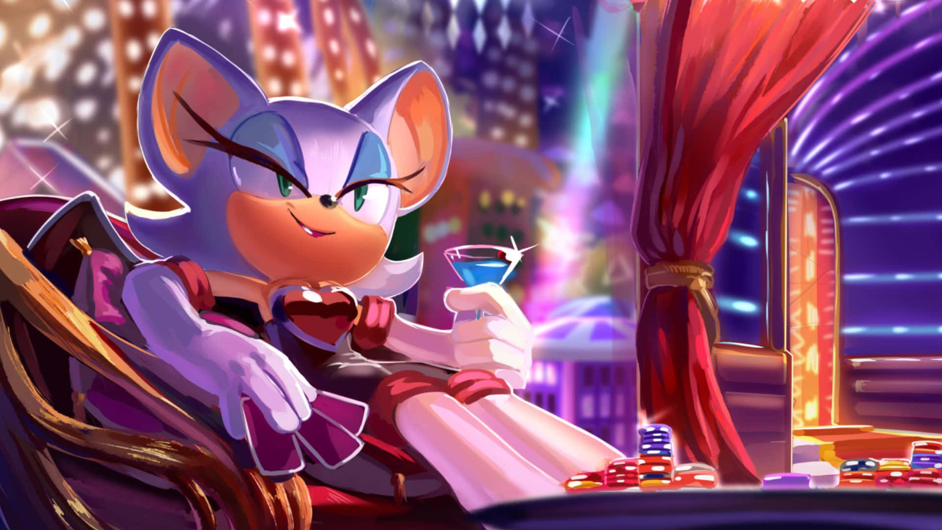 Rouge the Bat 在充滿動感的場景中擺姿 壁紙 — 一隻紫色擬人化狐狸在賭場休息室啜飲雞尾酒，臉上掛著得意的笑容，身後霓虹燈閃爍。