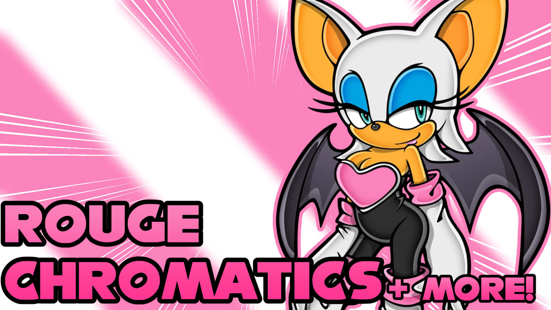 Rouge the Bat 在聚光燈下自信亮相 壁紙 — 一個自信的動漫蝙蝠角色，白色毛皮，藍色眼睛，粉紅色點綴，在充滿活力的粉紅色和白色背景前擺姿勢。