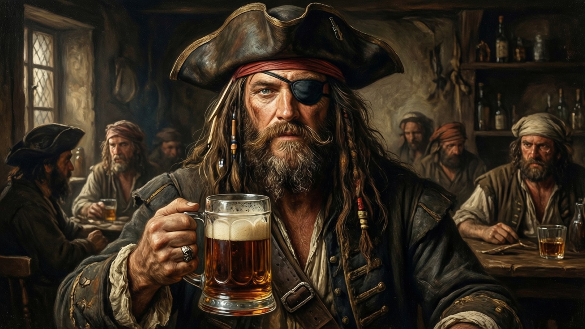 Long John Silver 桌布 壁紙 — 一個粗獷的海盜，戴著眼罩和三角帽，在燈光昏暗的酒館裡，周圍是其他粗魯的水手，高舉著一杯泡沫啤酒。