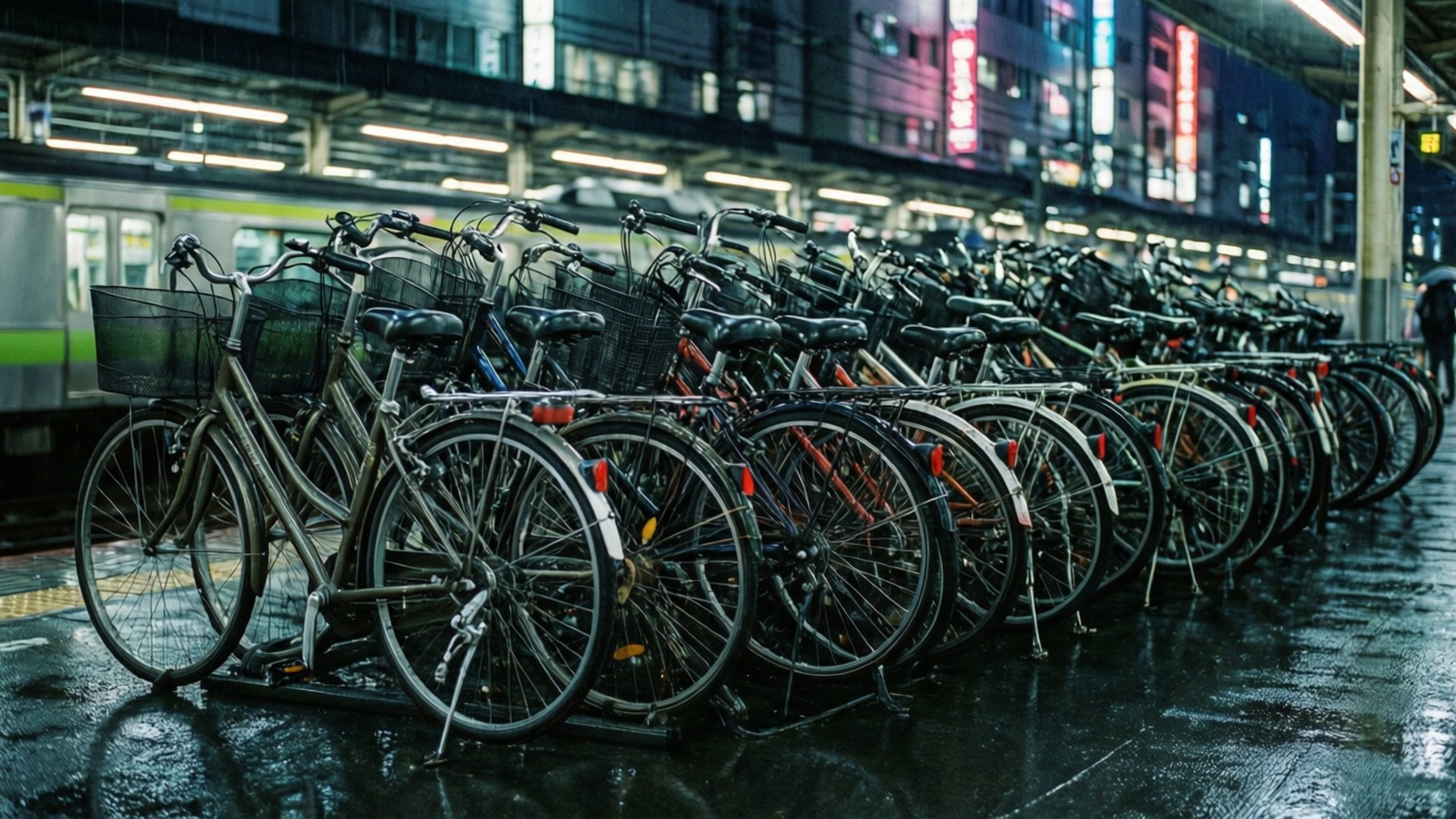 桌布 壁紙 — 一排排單車停泊在雨中的城市火車站，下方是發光的霓虹招牌和濕漉漉的路面倒影。