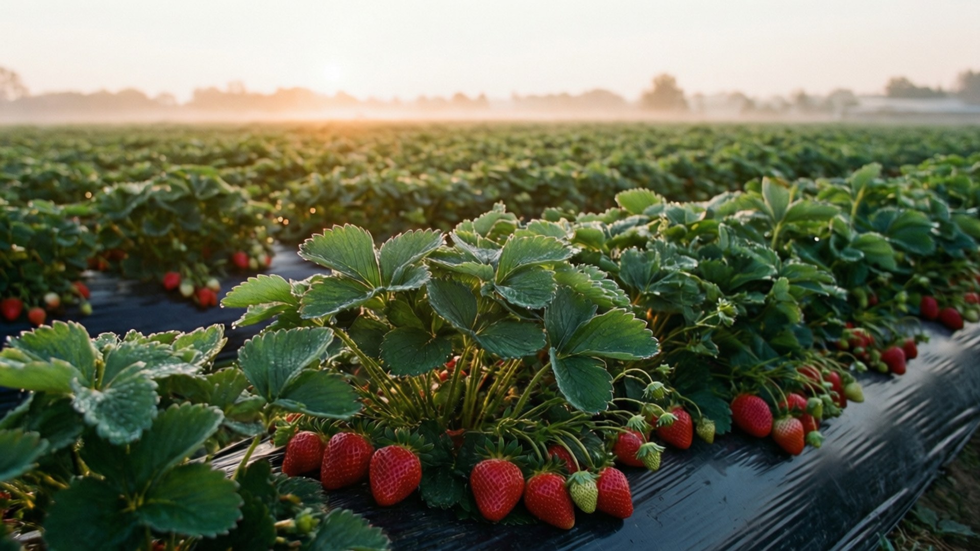 Strawberry Field Sunrise 壁紙 — 一排排成熟的紅色士多啤梨在黑色塑膠覆蓋物上生長茂盛的綠葉，沐浴在柔和的日出光芒下。