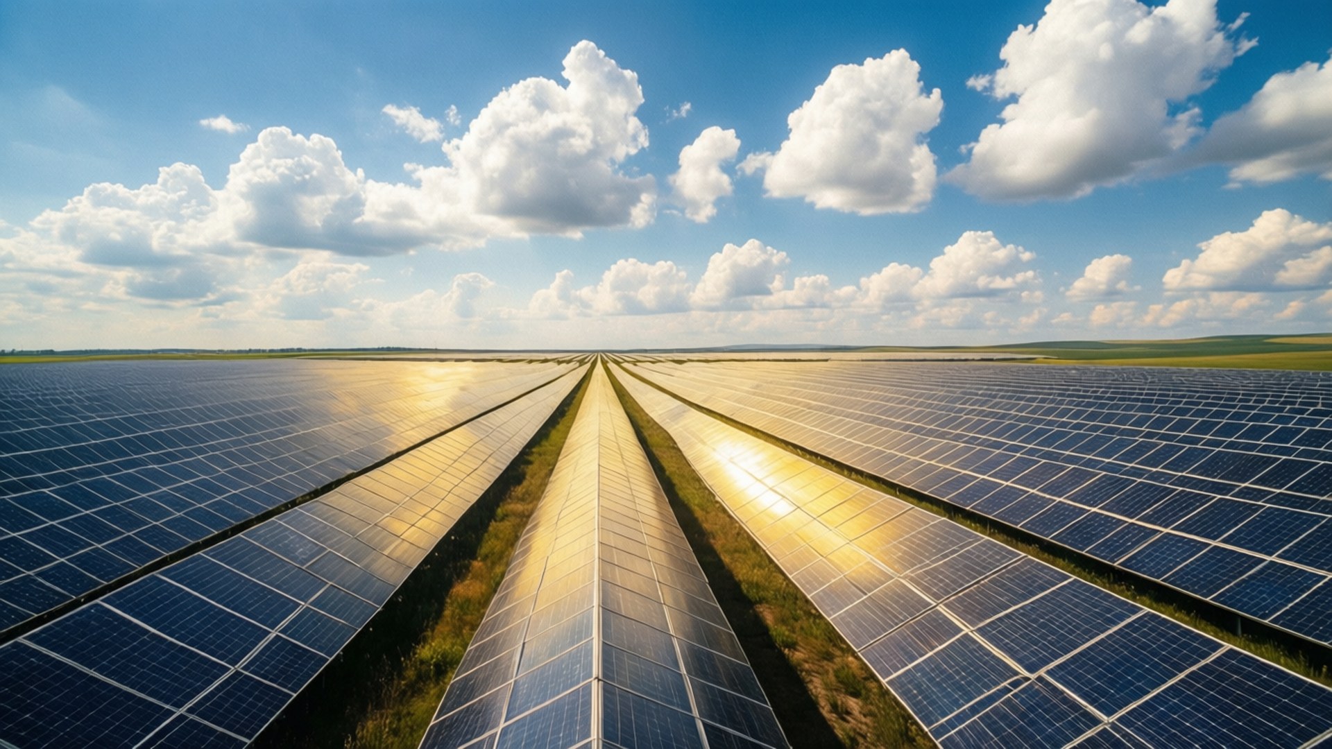 Solar Plant 桌布 壁紙 — 一排排太陽能板在藍天白雲下延伸至地平線。