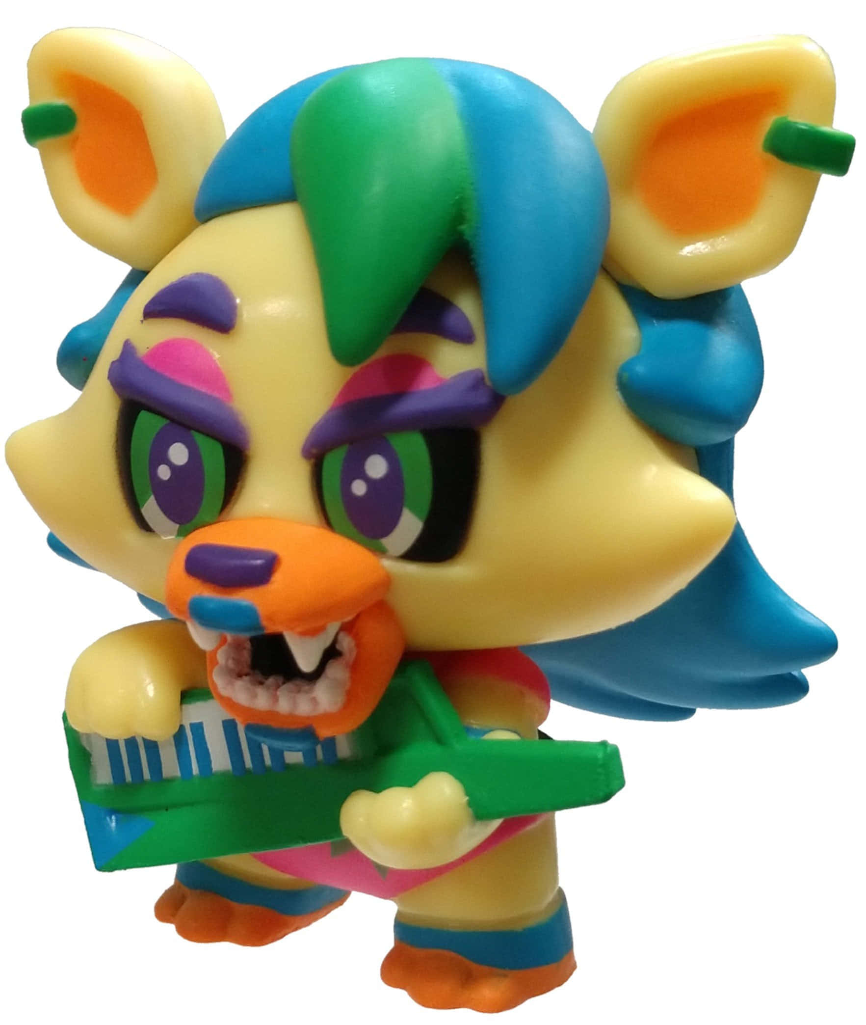 Roxanne Wolf 可愛玩具 壁紙 — 一個色彩繽紛的塑膠玩具公仔，造型為一隻風格化的黃色貓咪角色，擁有藍綠色頭髮，手持一把綠色結他。