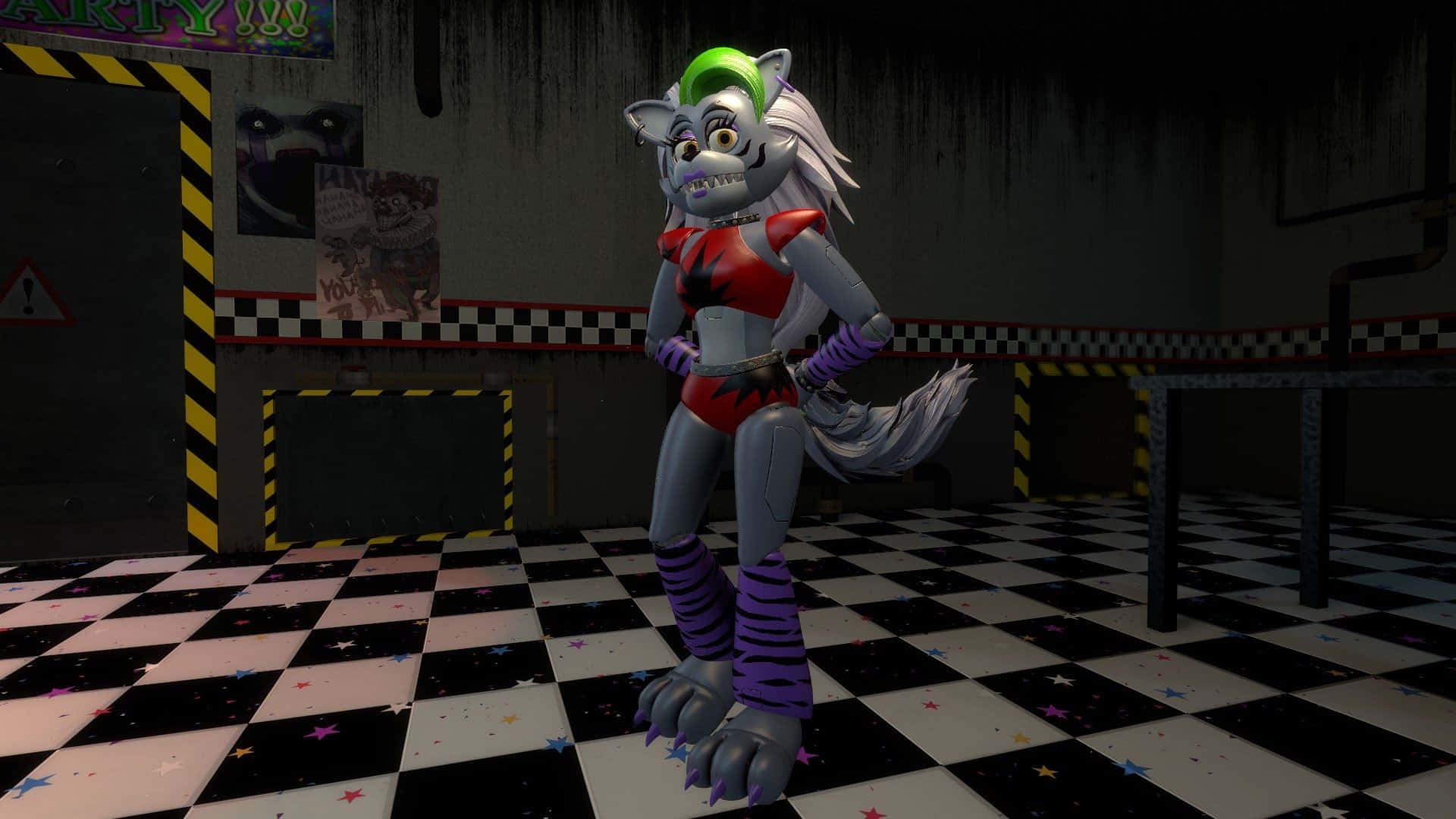 Roxanne Wolf 站在黑白地磚地板上 壁紙 — 一隻帶有綠色莫西乾頭和紅色服裝的威脅性狼機械人偶，站在一個光線昏暗、黑白格子地板房間裡。
