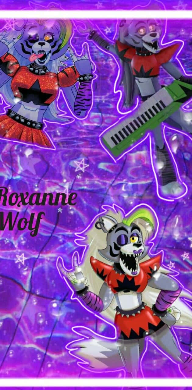 Roxanne Wolf 藝術紫調風格 壁紙 — 三個風格化的狼角色穿著龐克服裝，在閃爍的紫色宇宙背景與星星前表演。