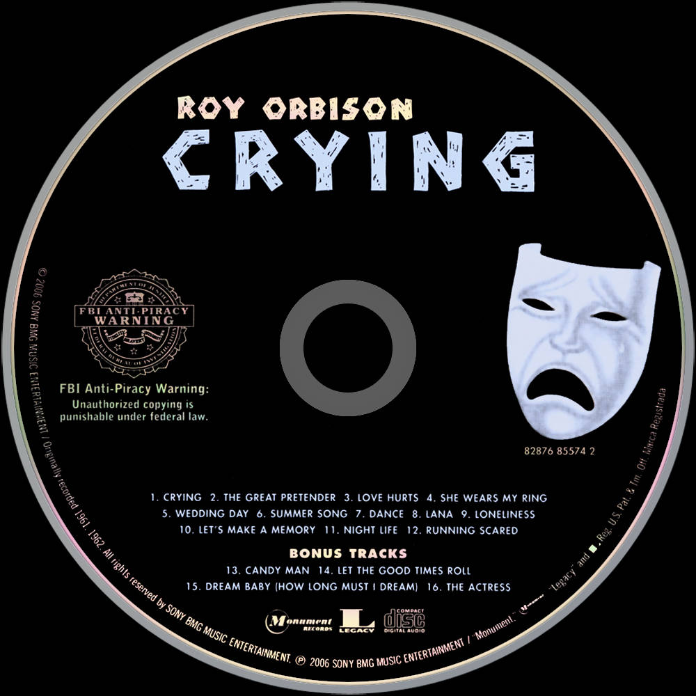 Roy Orbison專輯《Crying》的黑色CD標籤，帶有白色文字和哭泣面具。