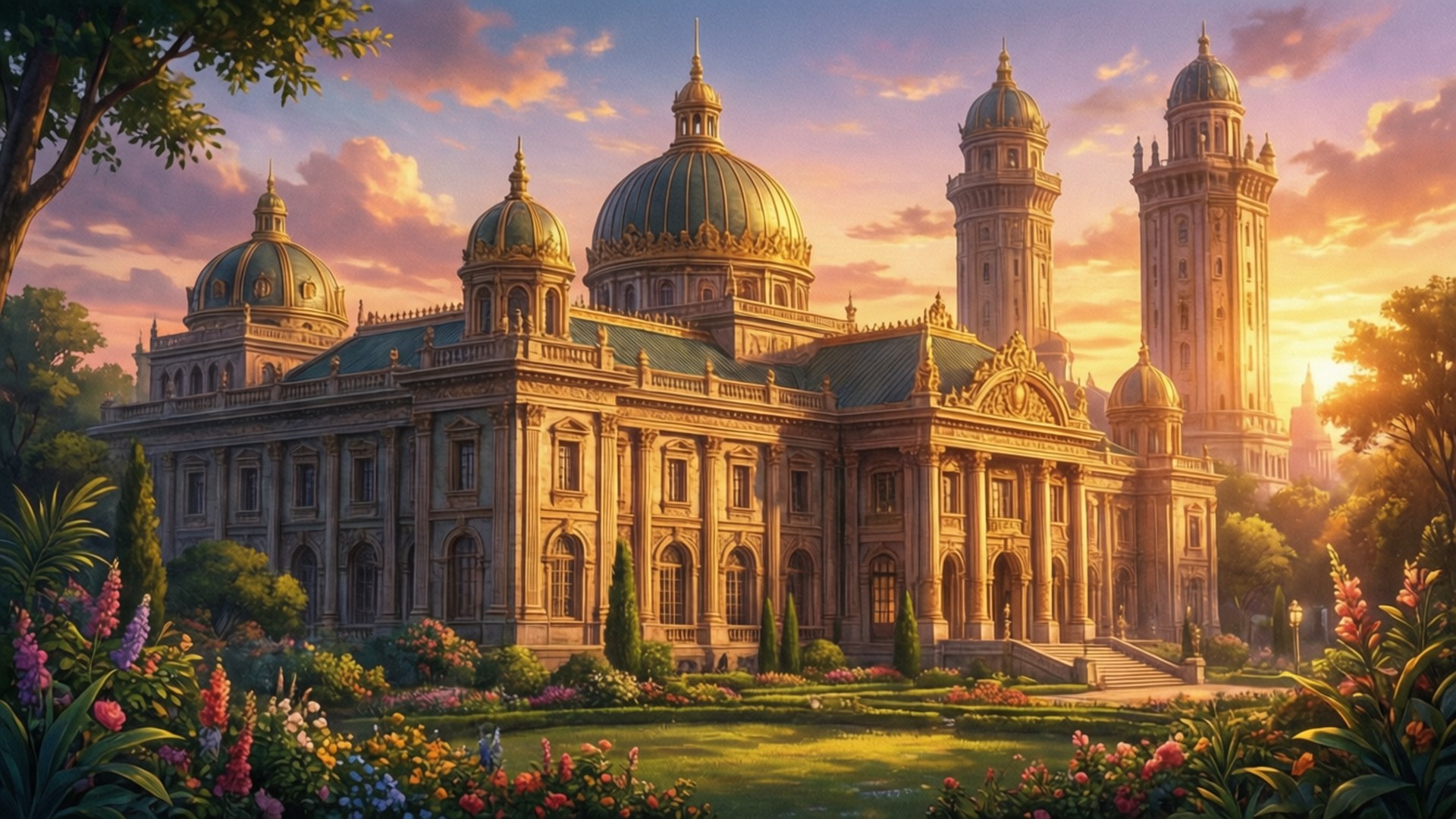 Grand palace with domes and towers surrounded by colorful gardens at sunset. 壁紙