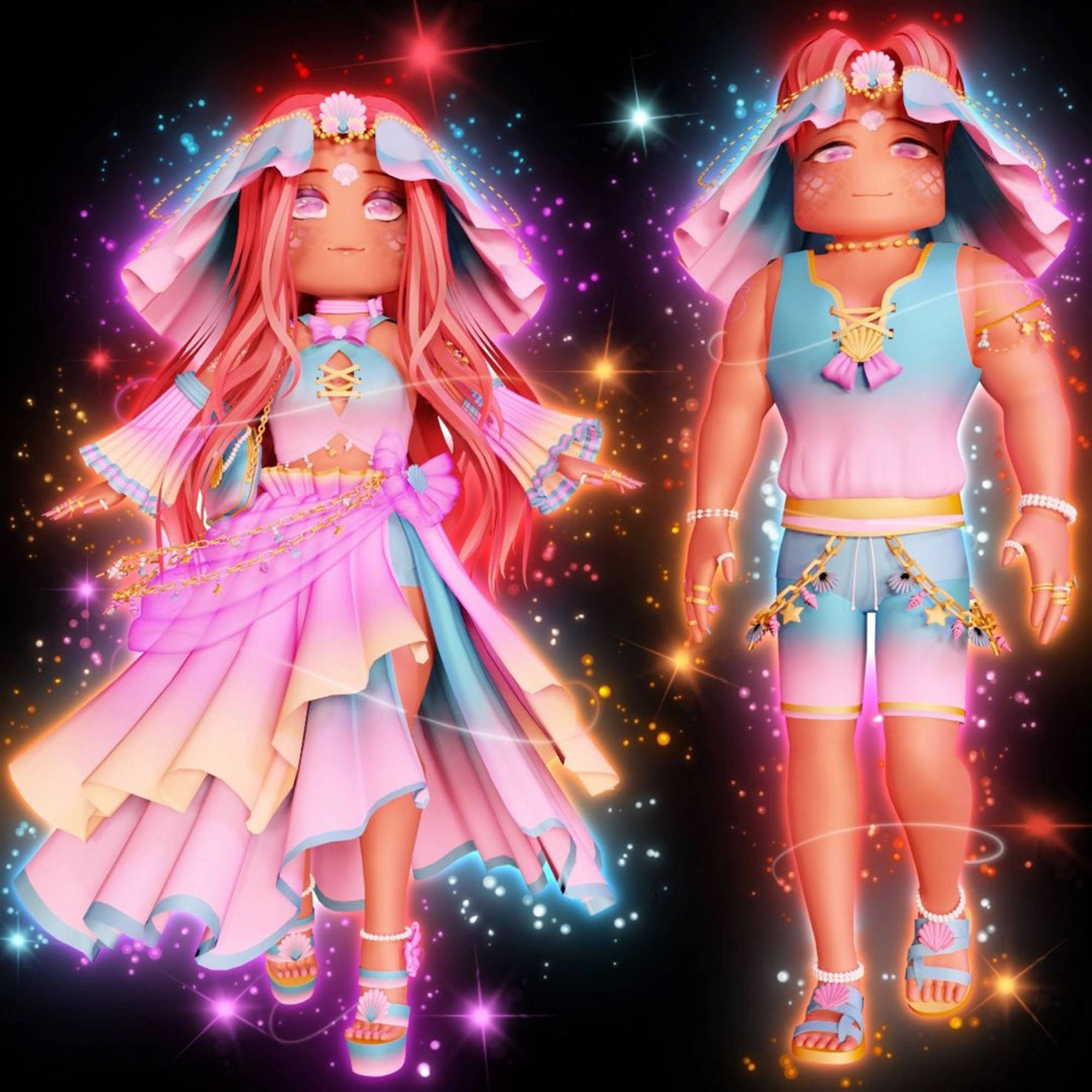 Royale High 夏日幻想 壁紙 — 兩個發光的 Roblox 頭像穿著粉紅色和藍色的柔和色調服裝，站在閃爍的宇宙背景前。