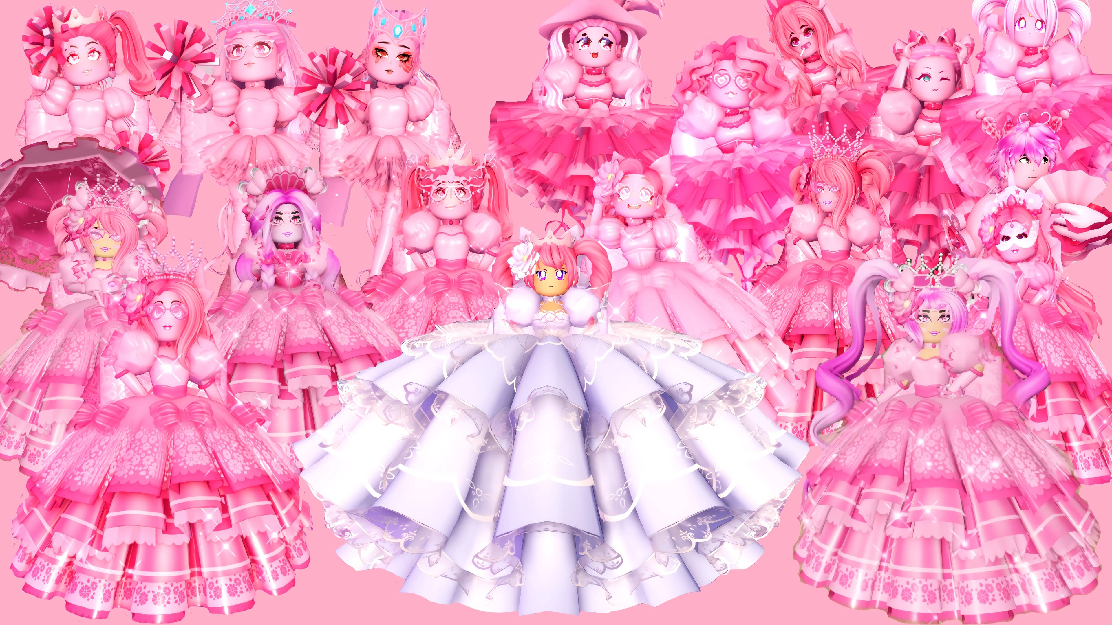 Royale High 王子 Stella 服裝 壁紙 — 一幅充滿活力的數位插圖，描繪多位動漫風格少女穿著精緻的粉紅色和白色舞會禮服一起擺姿勢。