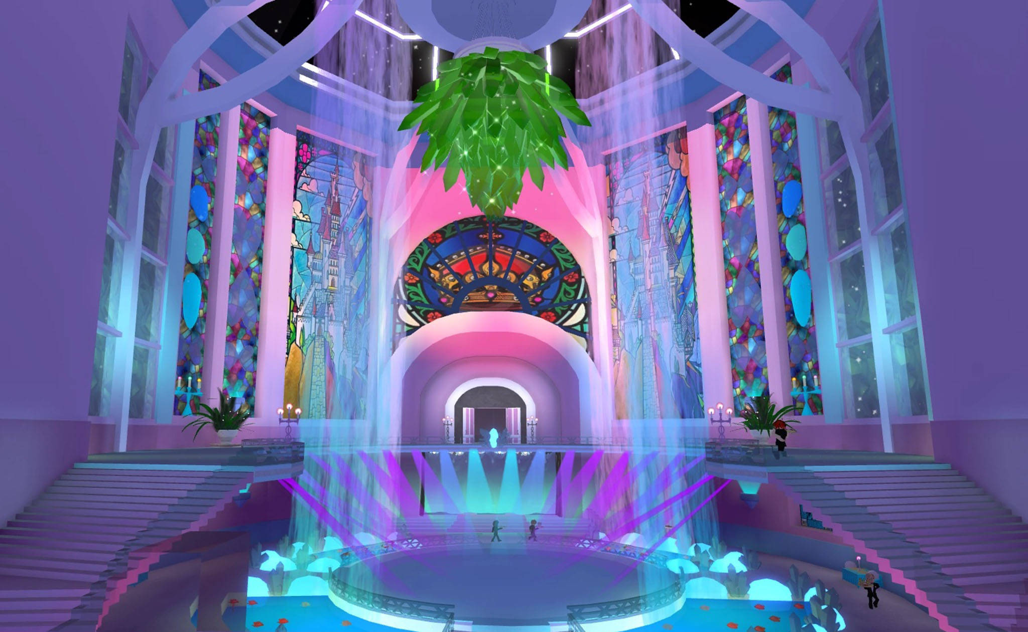 Royale High 球場內部 壁紙 — 一座未來主義大教堂，擁有發光的彩繪玻璃窗和中央噴泉，位於巨型棕櫚樹下。