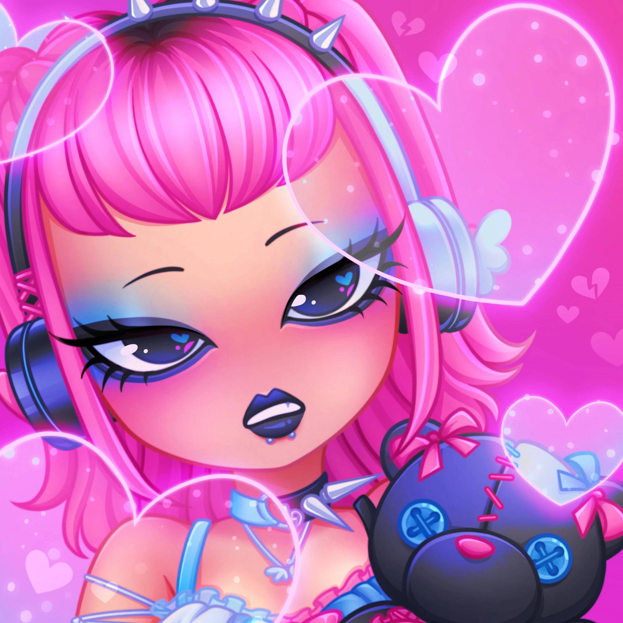 Royale High 相反相吸圖標 壁紙 — 一個充滿活力的動漫女孩，粉紅色頭髮和耳機，抱著一隻被發光心形包圍的黑色泰迪熊。