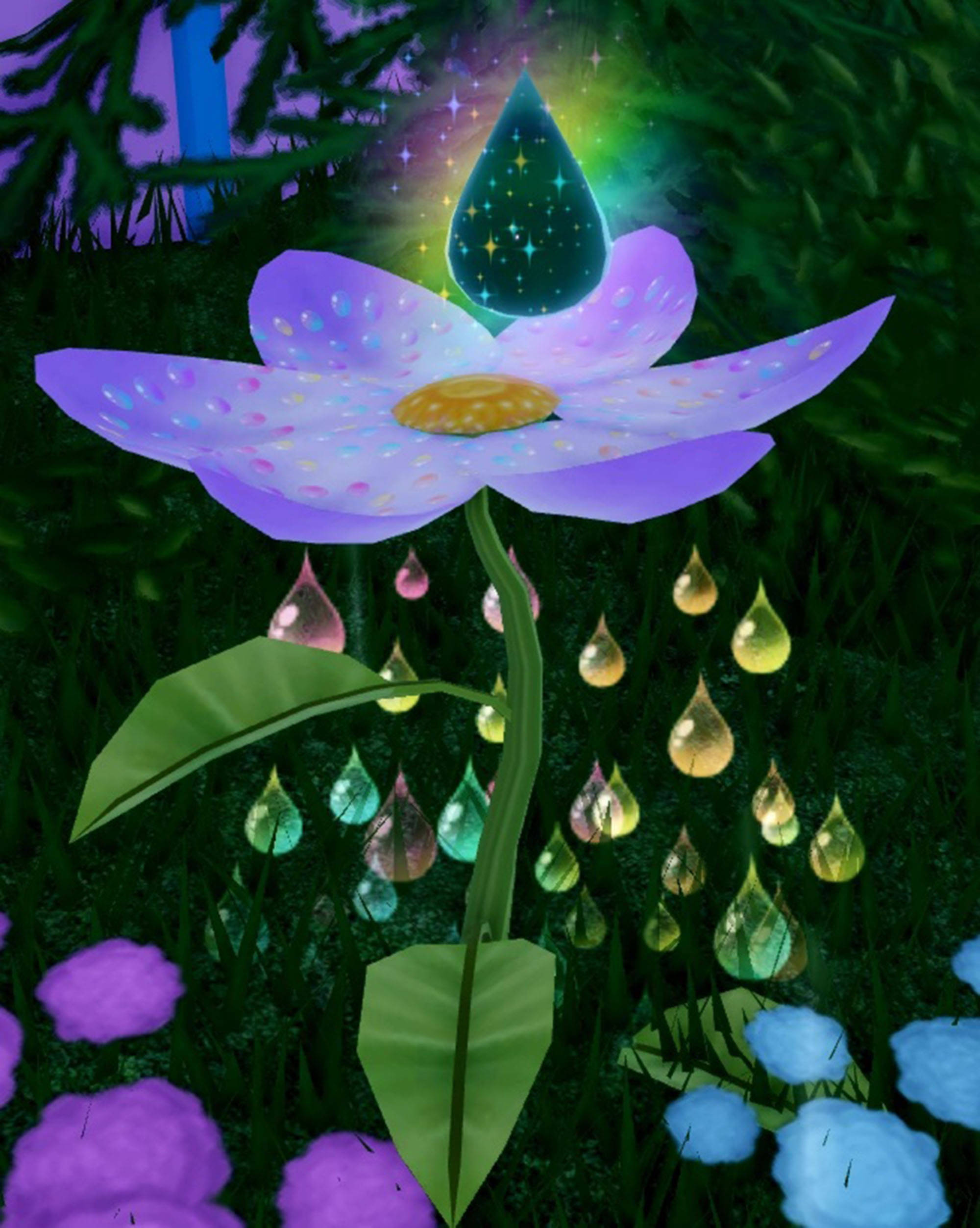 Royale High 露珠雨花魔法時刻 壁紙 — 一朵發光的紫色花朵，帶有星形淚滴中心，在夜晚的魔法森林中落下彩色水滴。