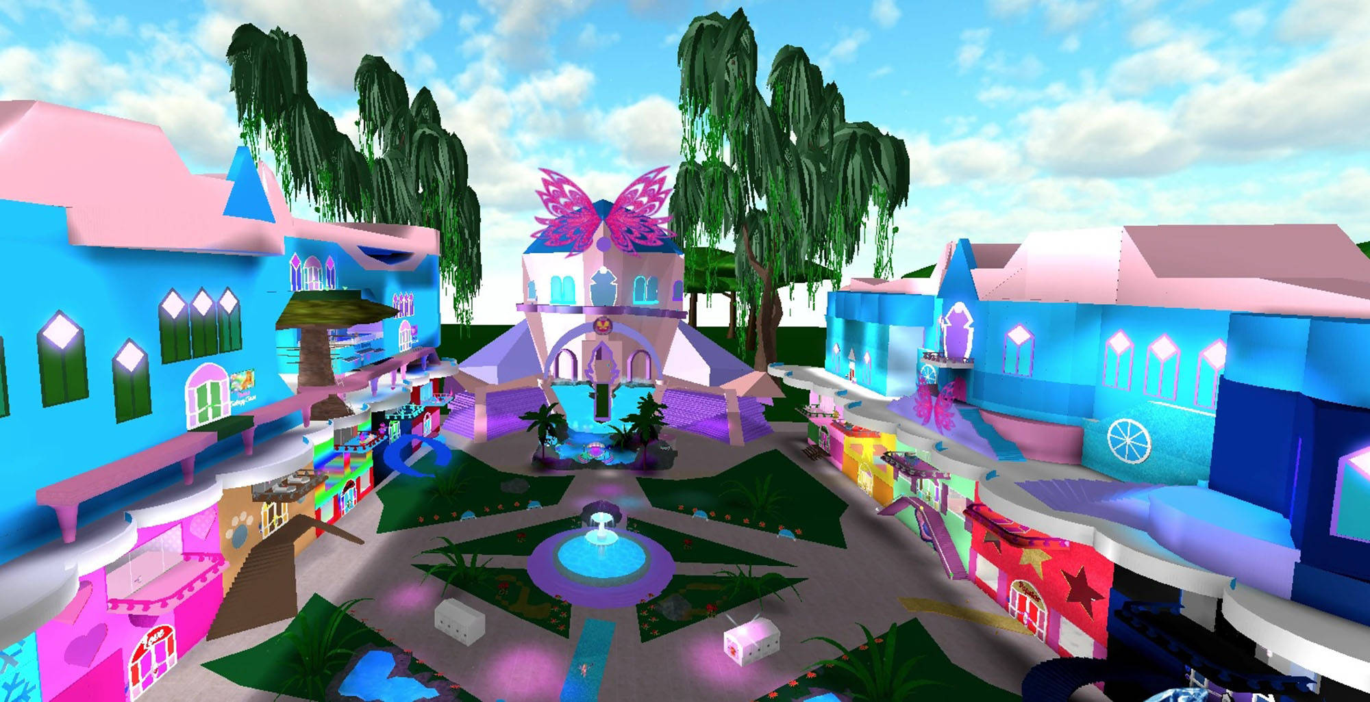 Royale High 魔法學院 壁紙 — 一個充滿活力的3D渲染幻想小鎮，擁有粉彩粉紅色和藍色建築、蝴蝶形狀的建築，以及在陽光明媚的天空下閃閃發光的噴泉。