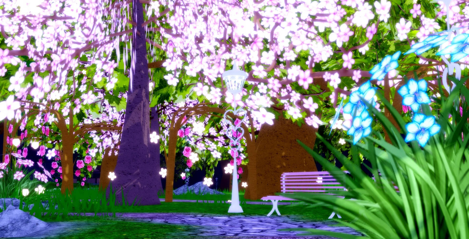 Royale High公園花海 壁紙 — 一個發光的數位公園場景，有櫻花樹、粉紅色花朵和藍色發光花朵在路燈下。