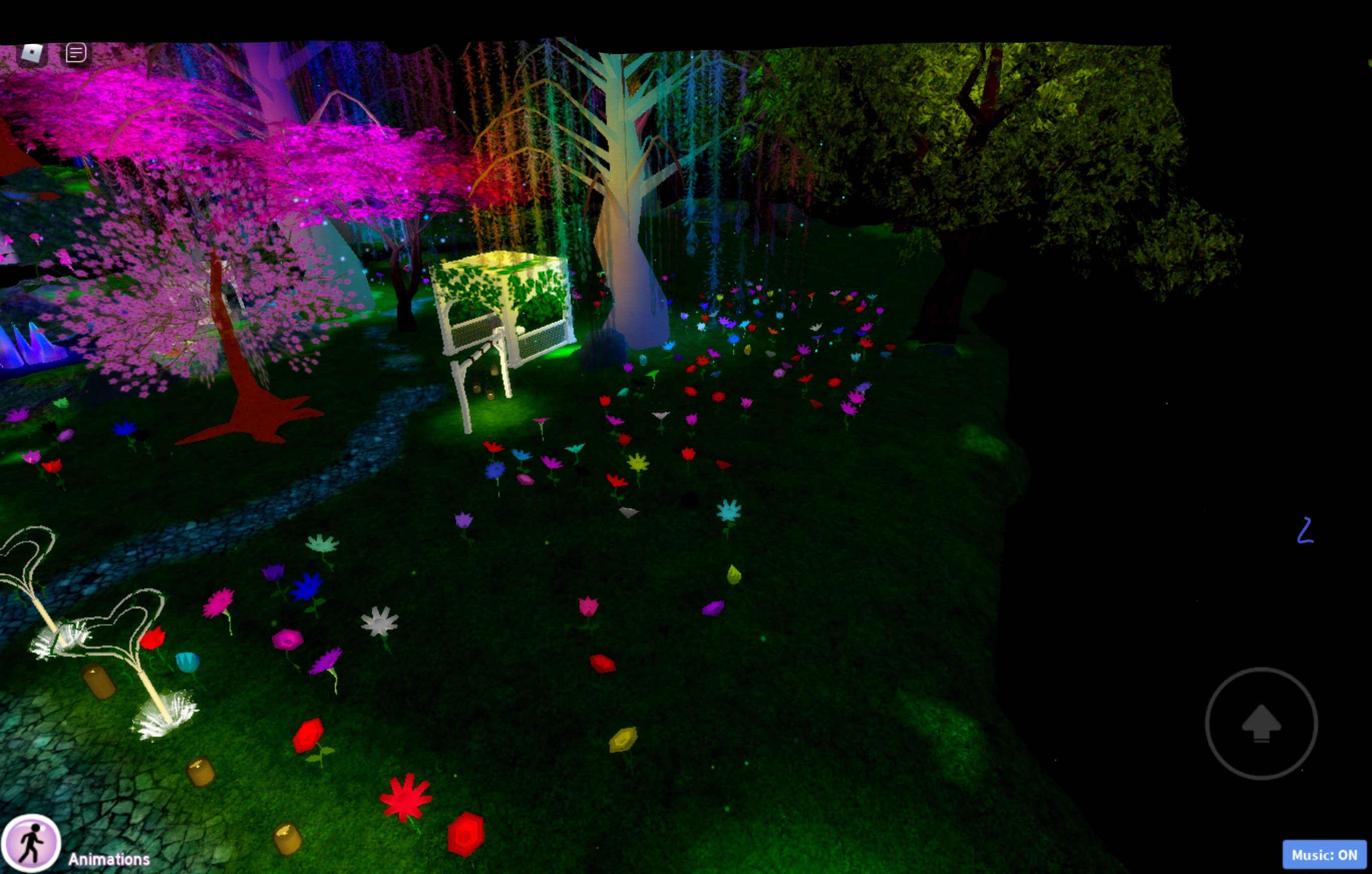 Royale High花田夜景 壁紙 — 在黑暗天空下，一個發光的數位花園，有霓虹樹和色彩繽紛的花朵。