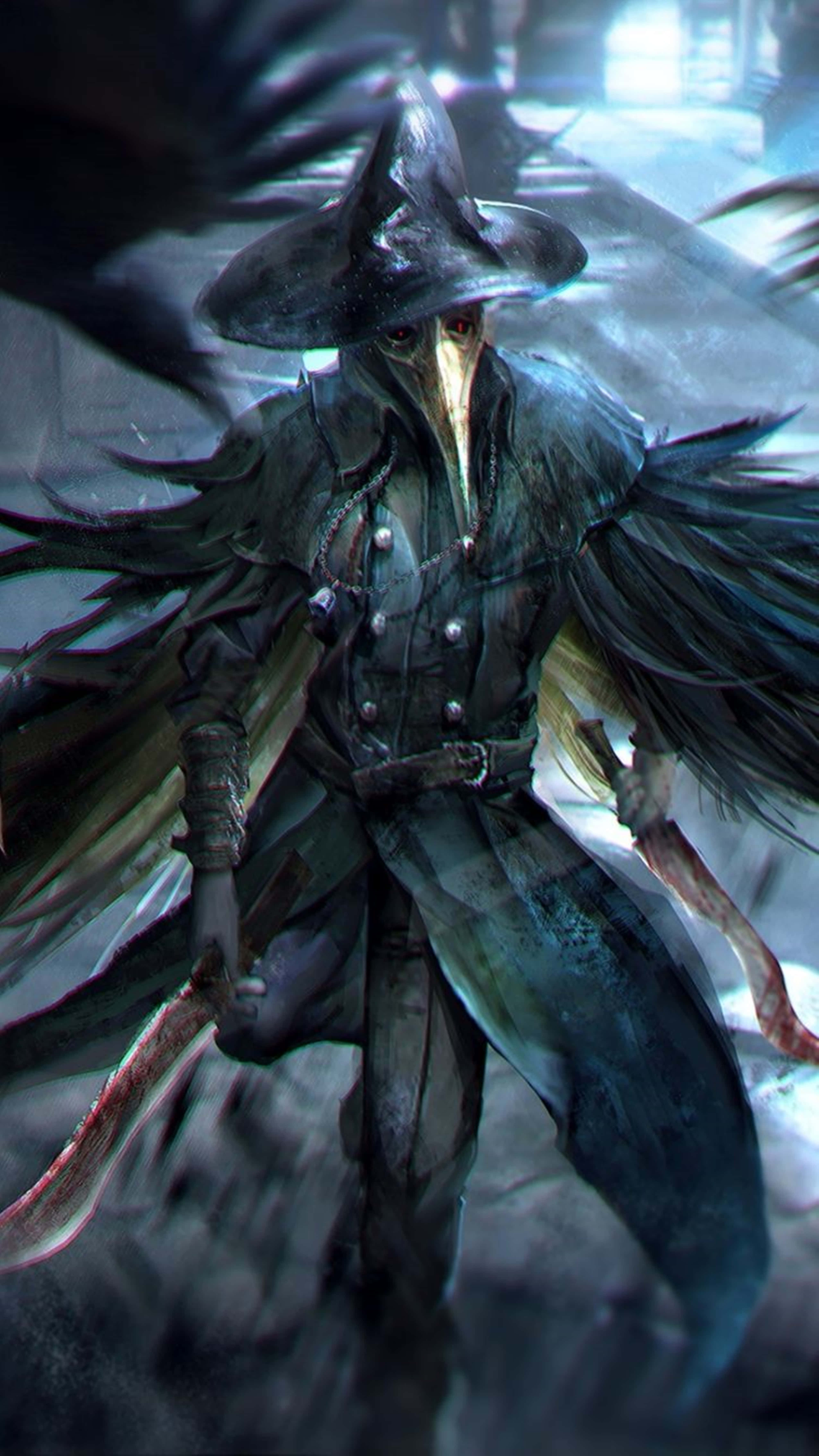 血源詛咒動作RPG遊戲數位藝術作品 4K HD 壁紙 — 一位黑暗的瘟疫醫生，戴著長喙面具和羽毛斗篷，在迷霧籠罩、陰森詭異的環境中揮舞著一把血淋淋的利刃。