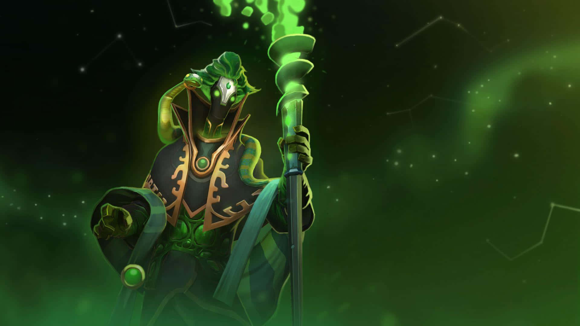Rubick 大魔導師施法瞬間 壁紙 — 一個綠色皮膚的神秘人物，雙眼發光，揮舞著螺旋狀法杖，背景是星光燦爛的宇宙。