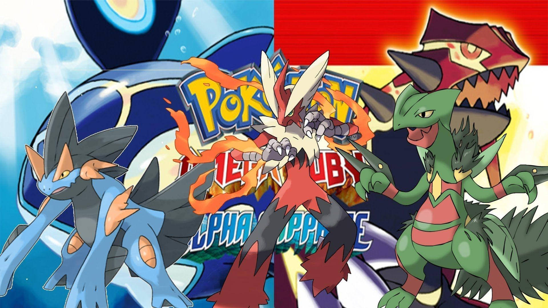 寶可夢 Ruby 與 Alpha Sapphire 中的沼王 壁紙 — 三隻強大的寶可夢在充滿活力的分割背景上動態戰鬥，並帶有寶可夢標誌。
