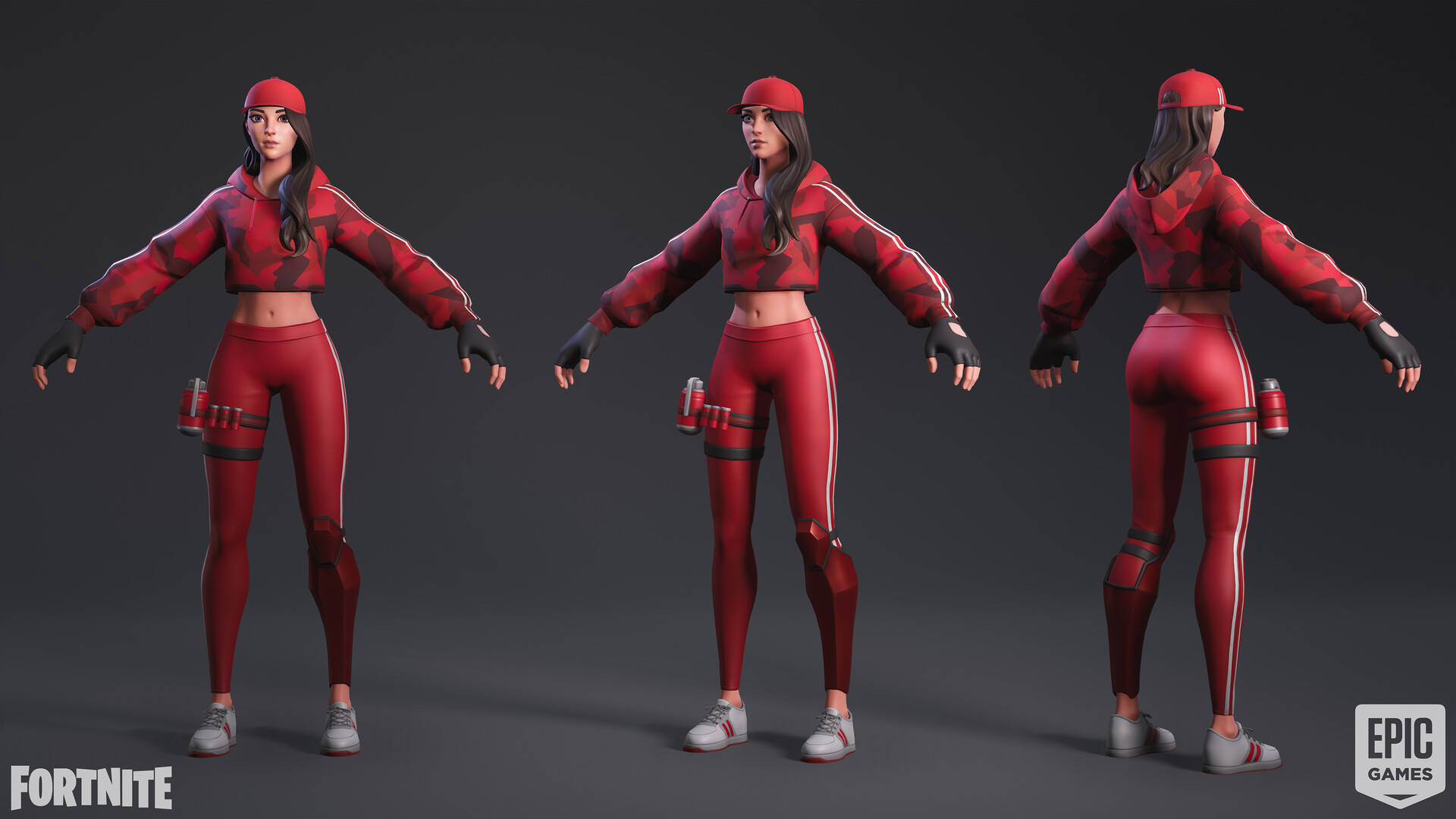 Ruby《Fortnite》3D 模型渲染 壁紙 — 三個視角的Fortnite角色，身穿紅色運動裝備，背景為深色攝影棚。