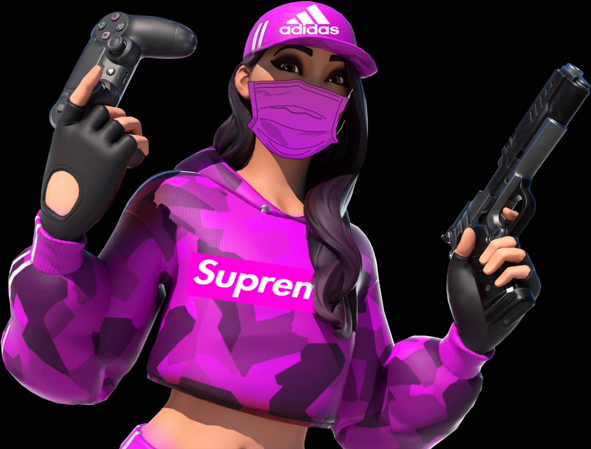 Ruby Fortnite Supreme 皮膚 壁紙 — 一位穿著紫色迷彩連帽衫和面具的風格化玩家，在黑色背景前拿著控制器和槍。