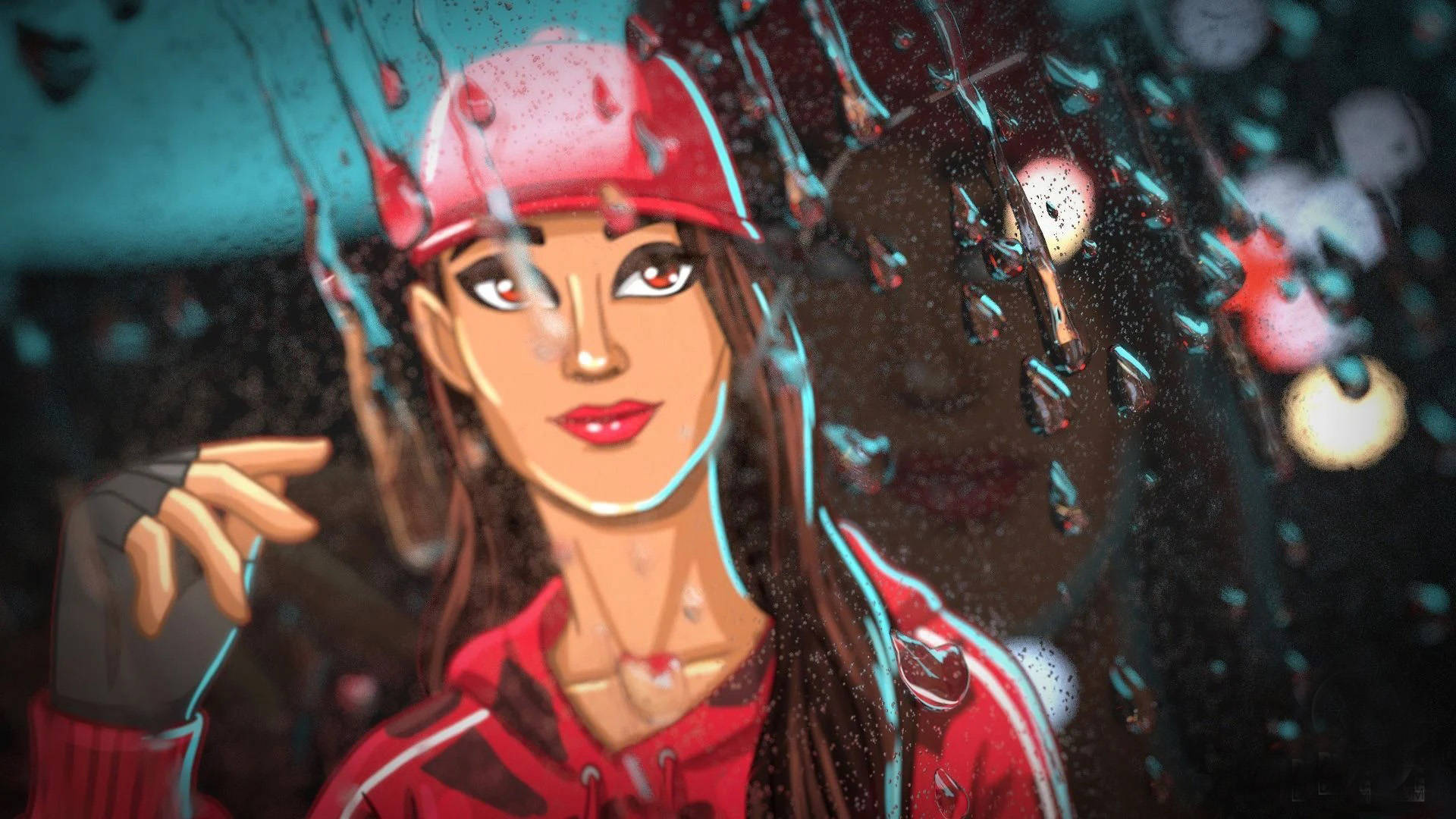 Ruby《Fortnite》同人藝術圖 壁紙 — 一個風格化的動漫女孩，穿著紅色連帽衫和帽子，透過濺滿雨水的窗戶凝視，背景中模糊的發光城市燈光。