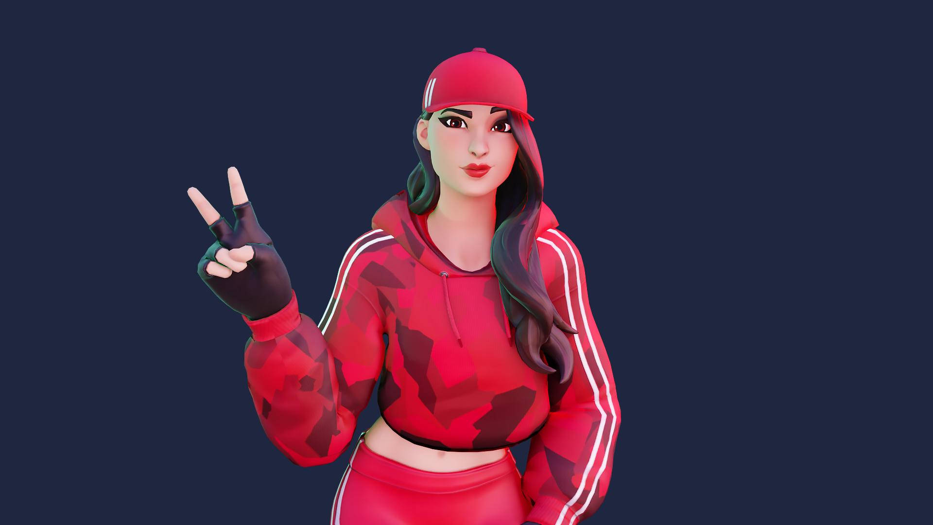 Ruby《Fortnite》和平姿勢藝術 壁紙 — 一個風格化的數碼女孩，穿著紅色迷彩連帽衫和帽子，在深藍色背景上做出和平手勢。