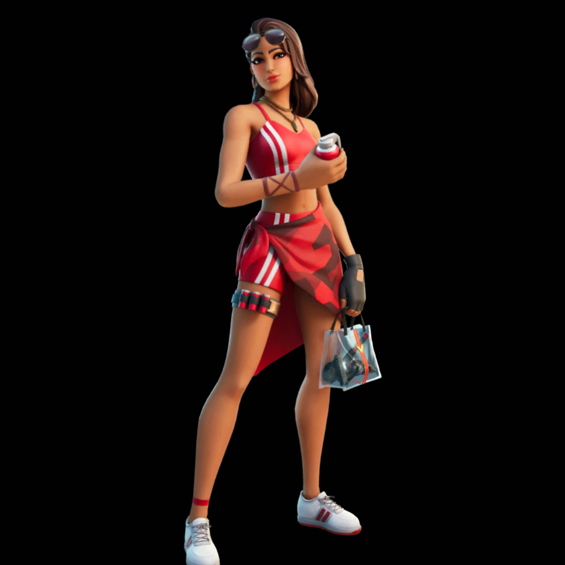 Ruby Fortnite 夏日皮膚 壁紙 — 一個風格化的女性電子遊戲角色，穿著紅色運動服，在黑色背景前拿著一個罐子和一個購物袋。