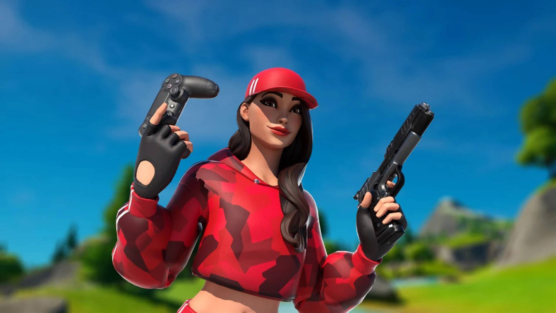 Ruby《Fortnite》持手槍 壁紙 — 一位自信的女性玩家，身穿紅色迷彩連帽衫和帽子，手持遊戲控制器和手槍，背景是明亮的藍天。