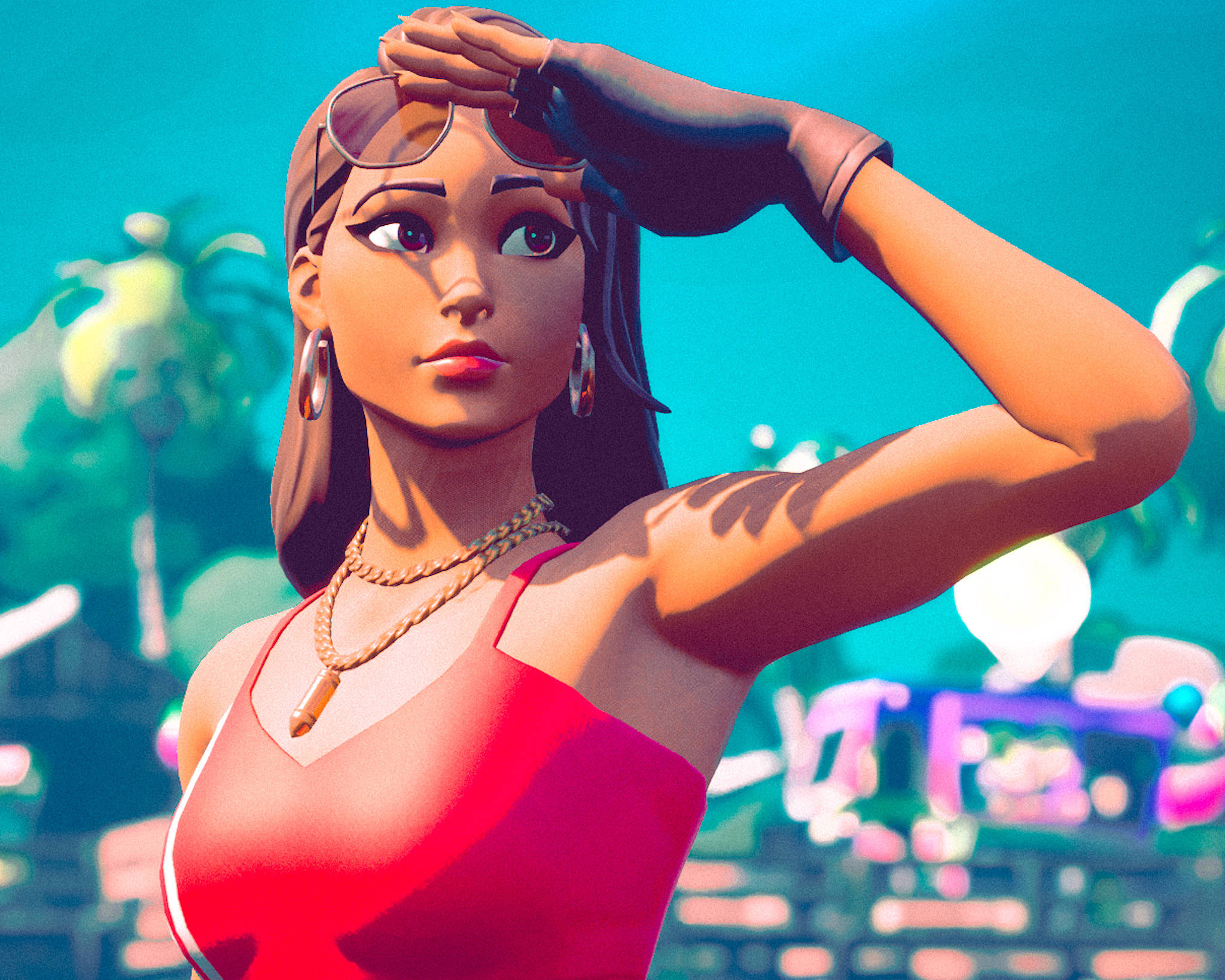 Ruby《Fortnite》板walk 藝術圖 壁紙 — 一位風格化的動畫女性穿著紅色上衣，用一隻手遮擋明亮的藍綠色陽光。