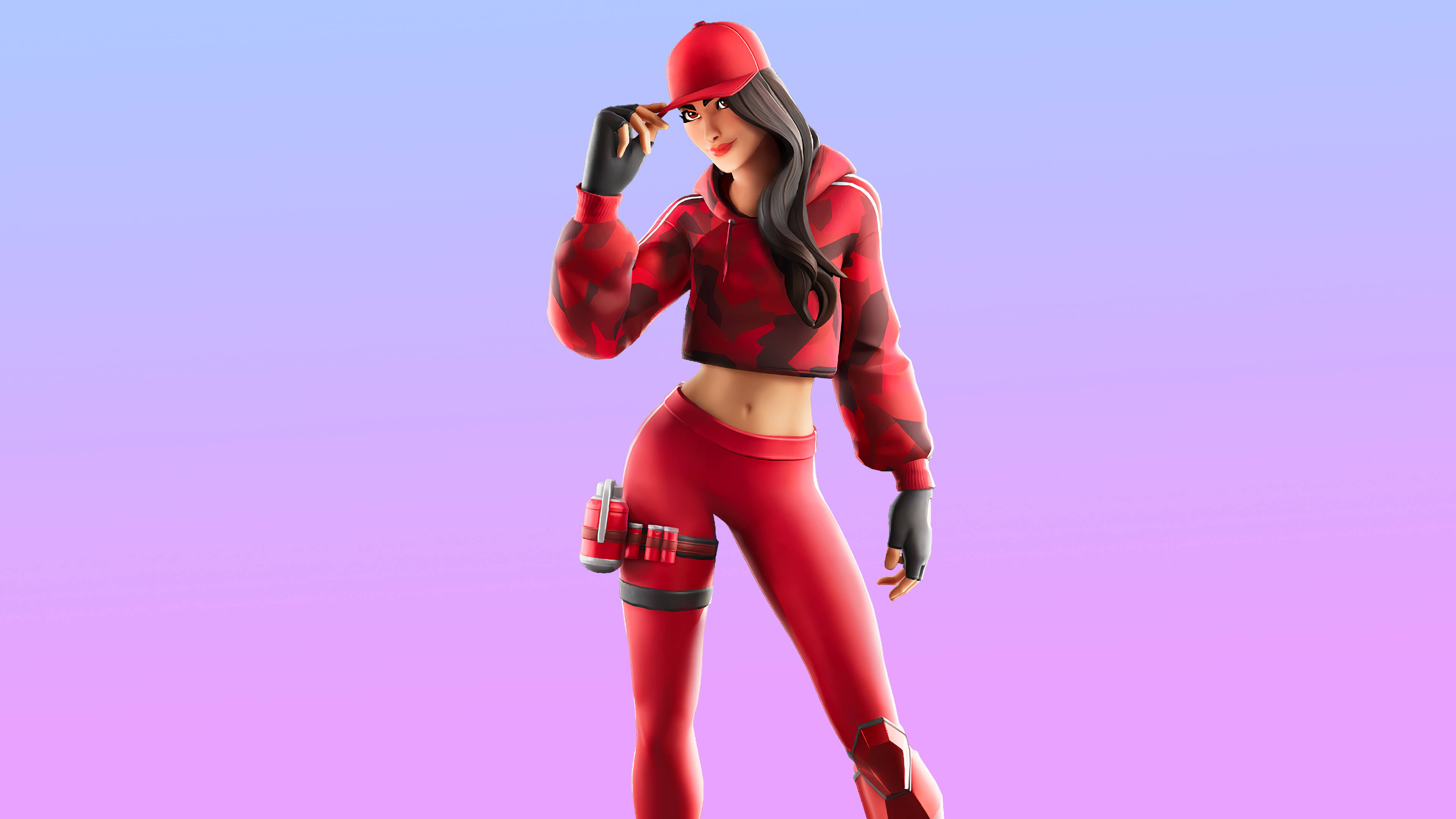 Ruby《Fortnite》淡紫色背景 壁紙 — 一位風格化的女玩家穿著紅色迷彩連帽衫和緊身褲，在柔和的紫色漸變背景前自信地擺姿勢。