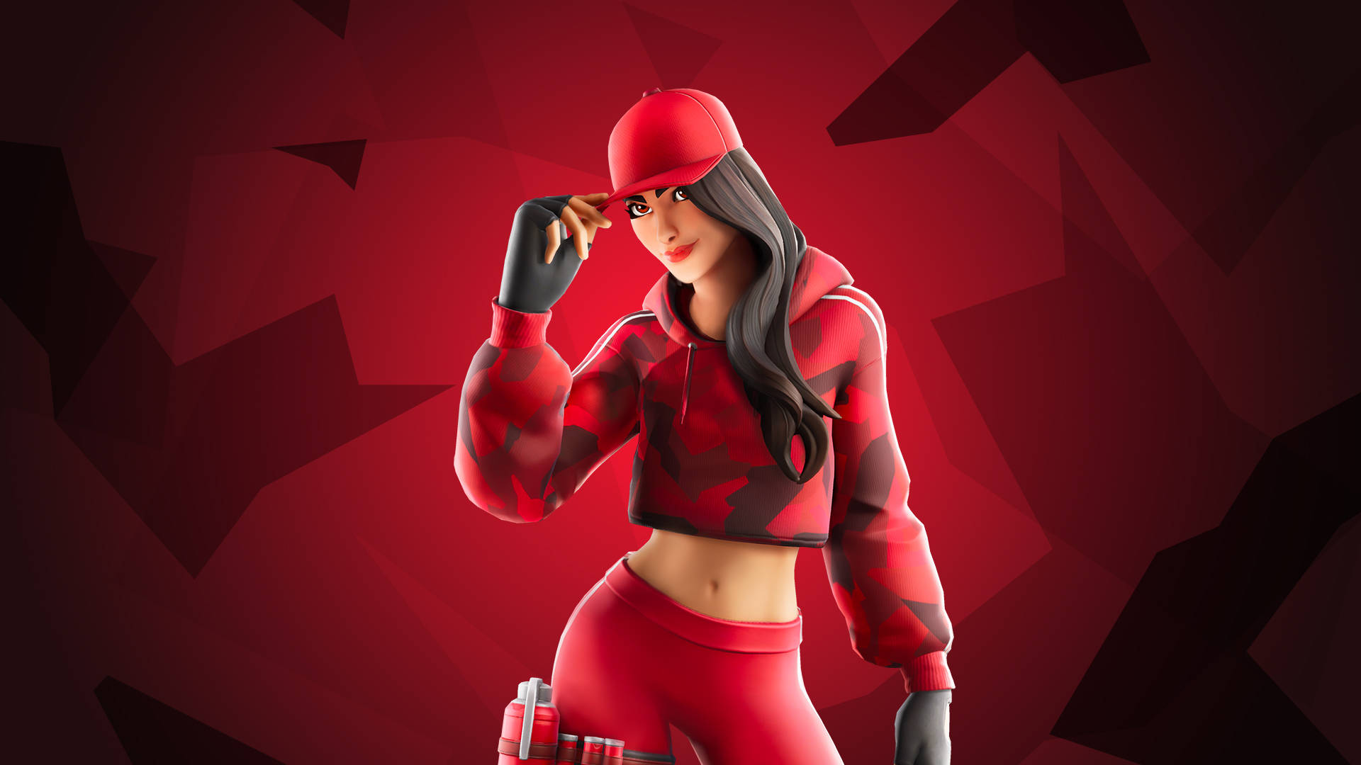 Ruby《Fortnite》紅色皮膚插畫 壁紙 — 一位風格化的女性遊戲玩家，身穿紅色迷彩連帽衫和帽子，在幾何紅色背景前自信地擺姿勢。